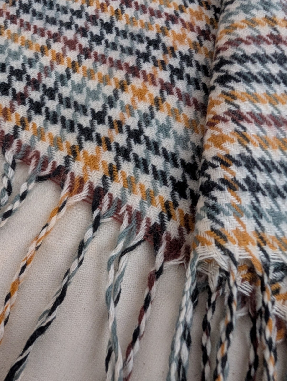 Mango MNG Multicoloured houndstooth plaid scarf w/ fringe 28″W x 77″ L+ fringe