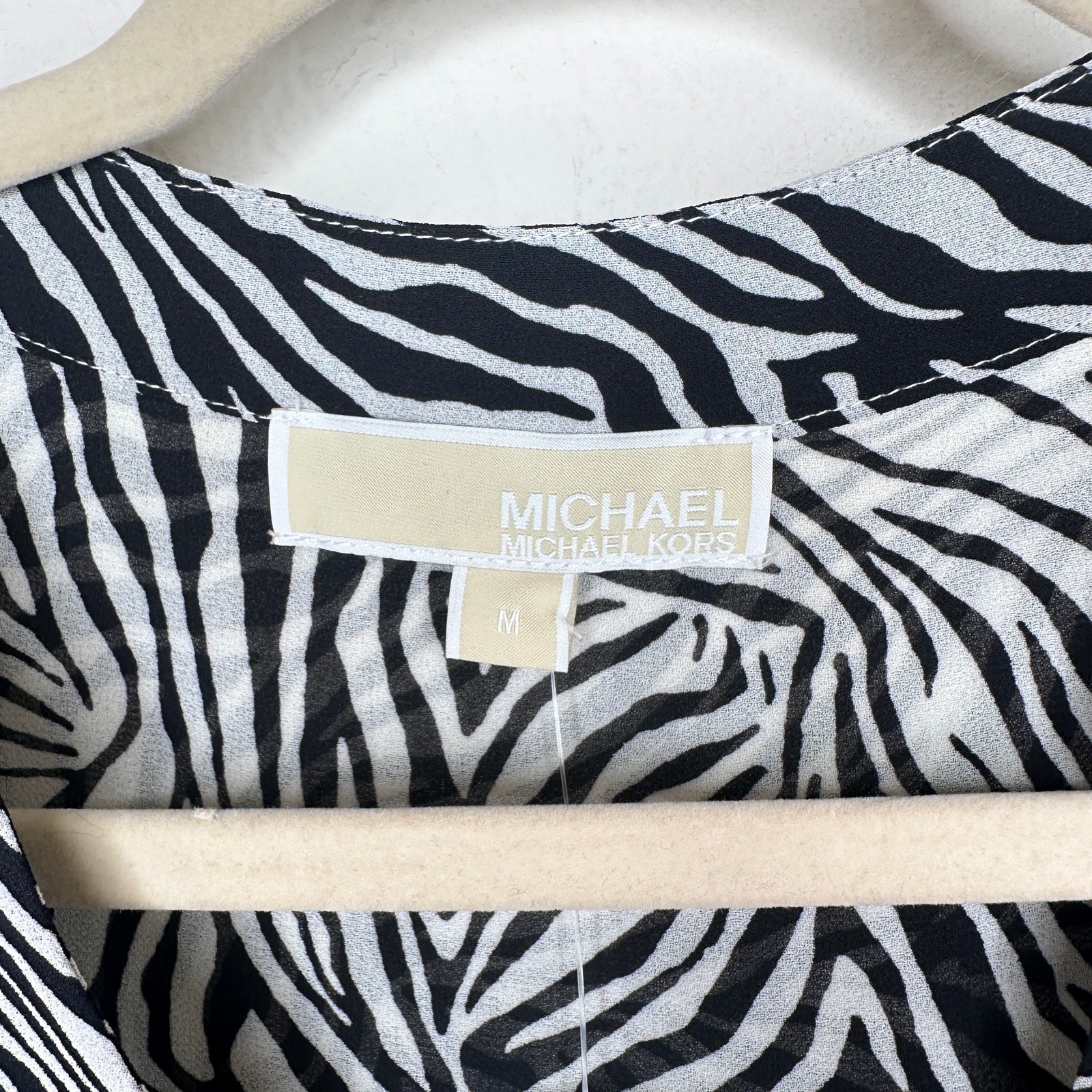 NWT Michael Kors Zebra Print Georgette Belted Puff Sleeve Midi Shirt Dress Med