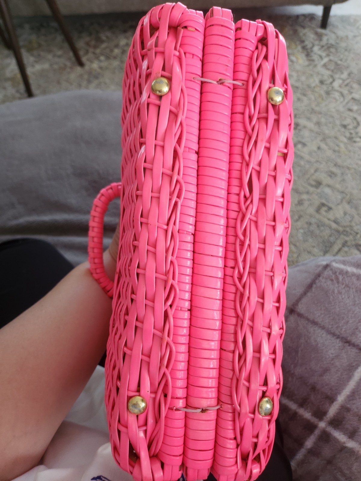 Vintage Women’s Pink Woven Wicker-Style Top Handle Bag Turn Lock Gold Hardware