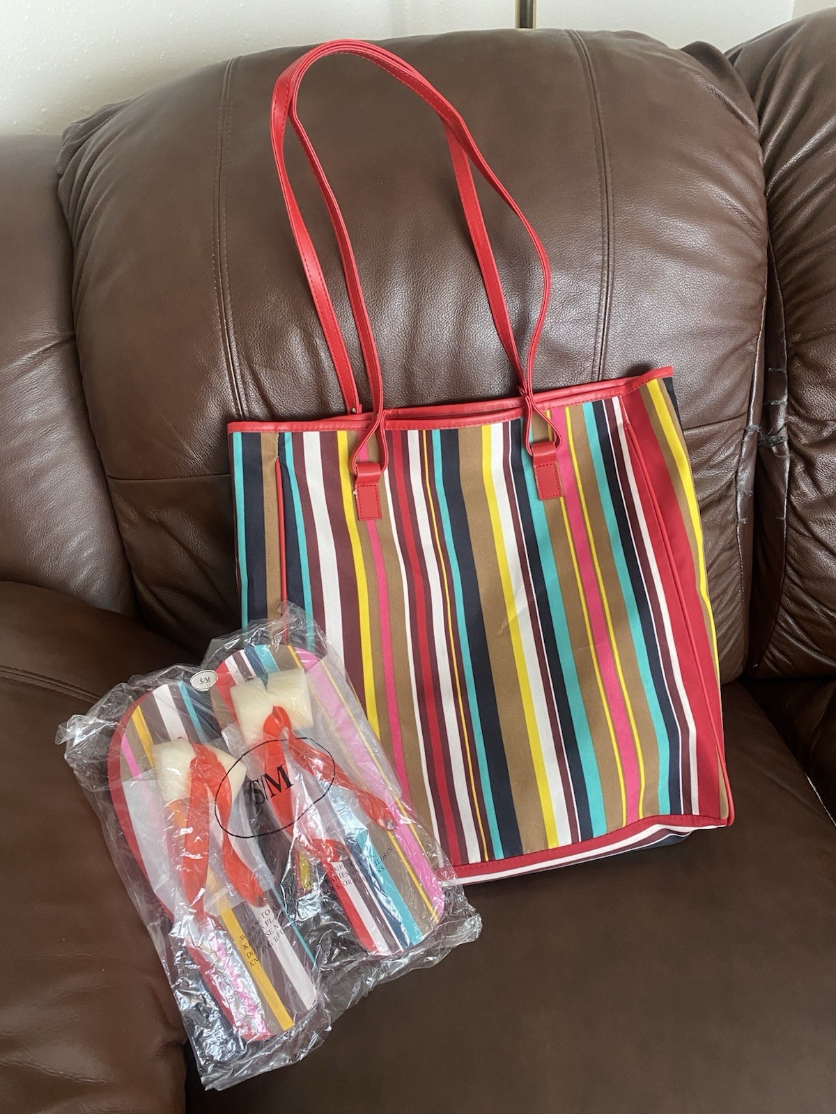 NEW Lancome Lg Striped (15″x16″) 🏖️ Bag & Matching Flip Flop Set Unworn Sz S/M