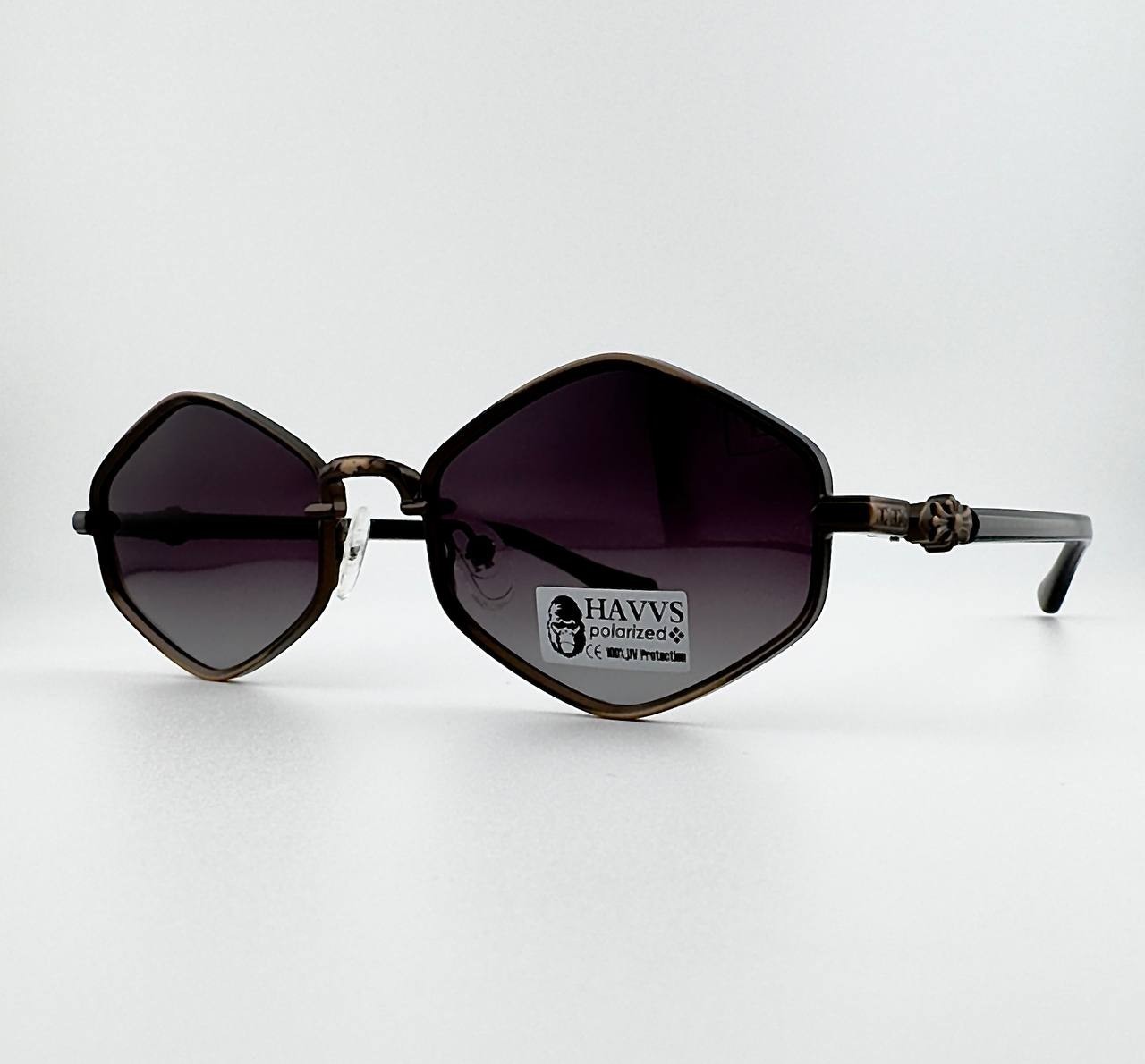 HAVVS HV68101 C Polarized Sunglasses Hexagon Bronze Metal Frame UV400 w/ Case