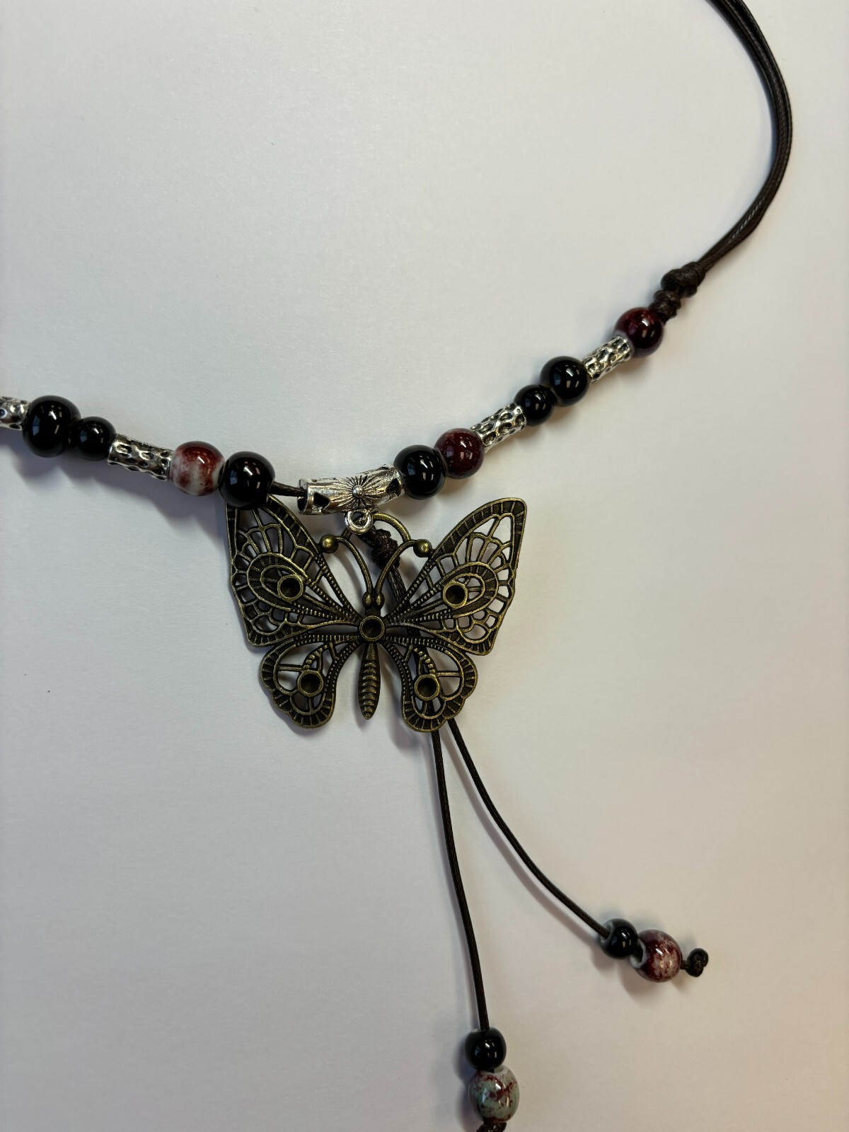 Black White Bead Silver Butterfly Pendant Charm Blessing Vintage Necklace