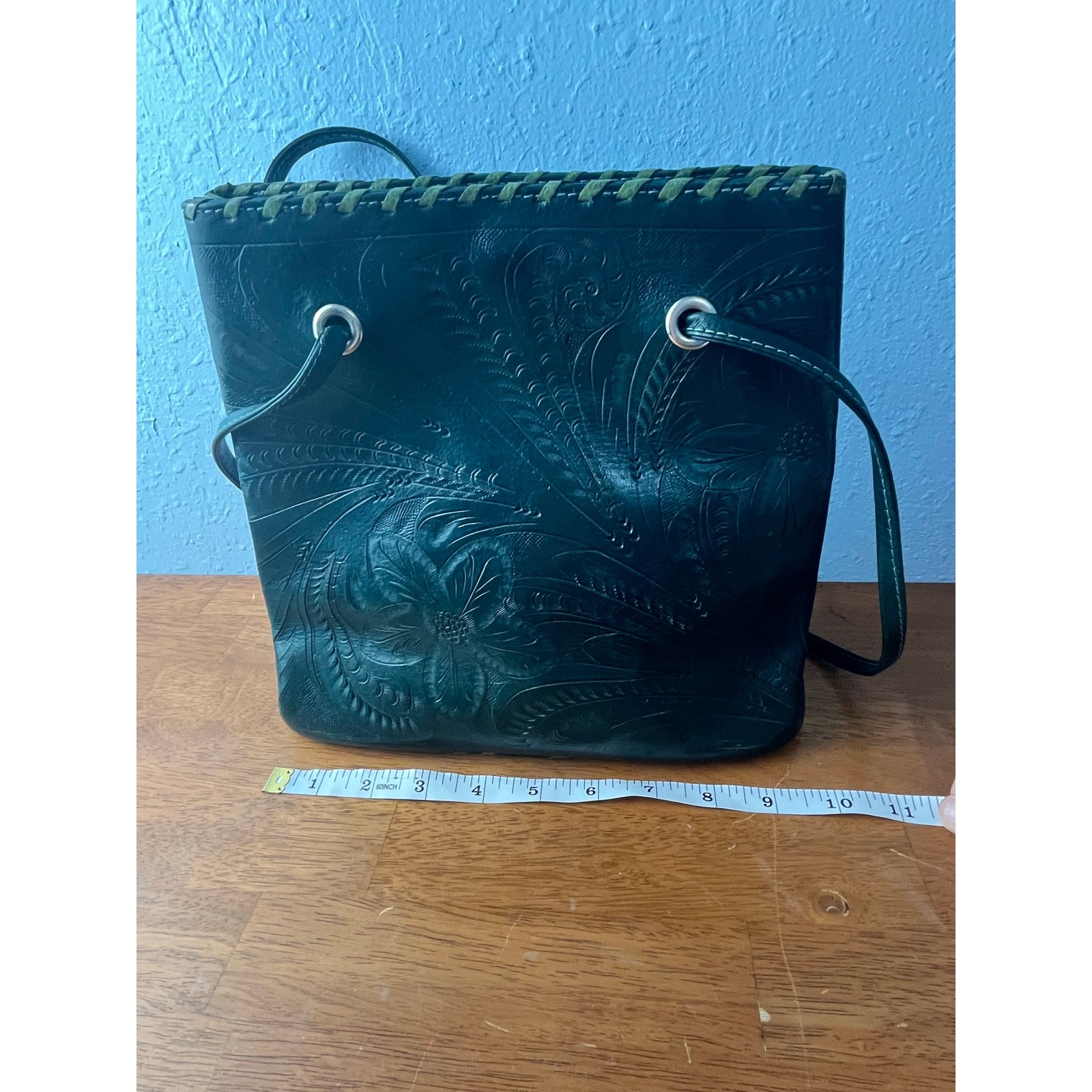 Tooled Leather Purse Green Floral Handmade in Paraguay Handmade Boho Western