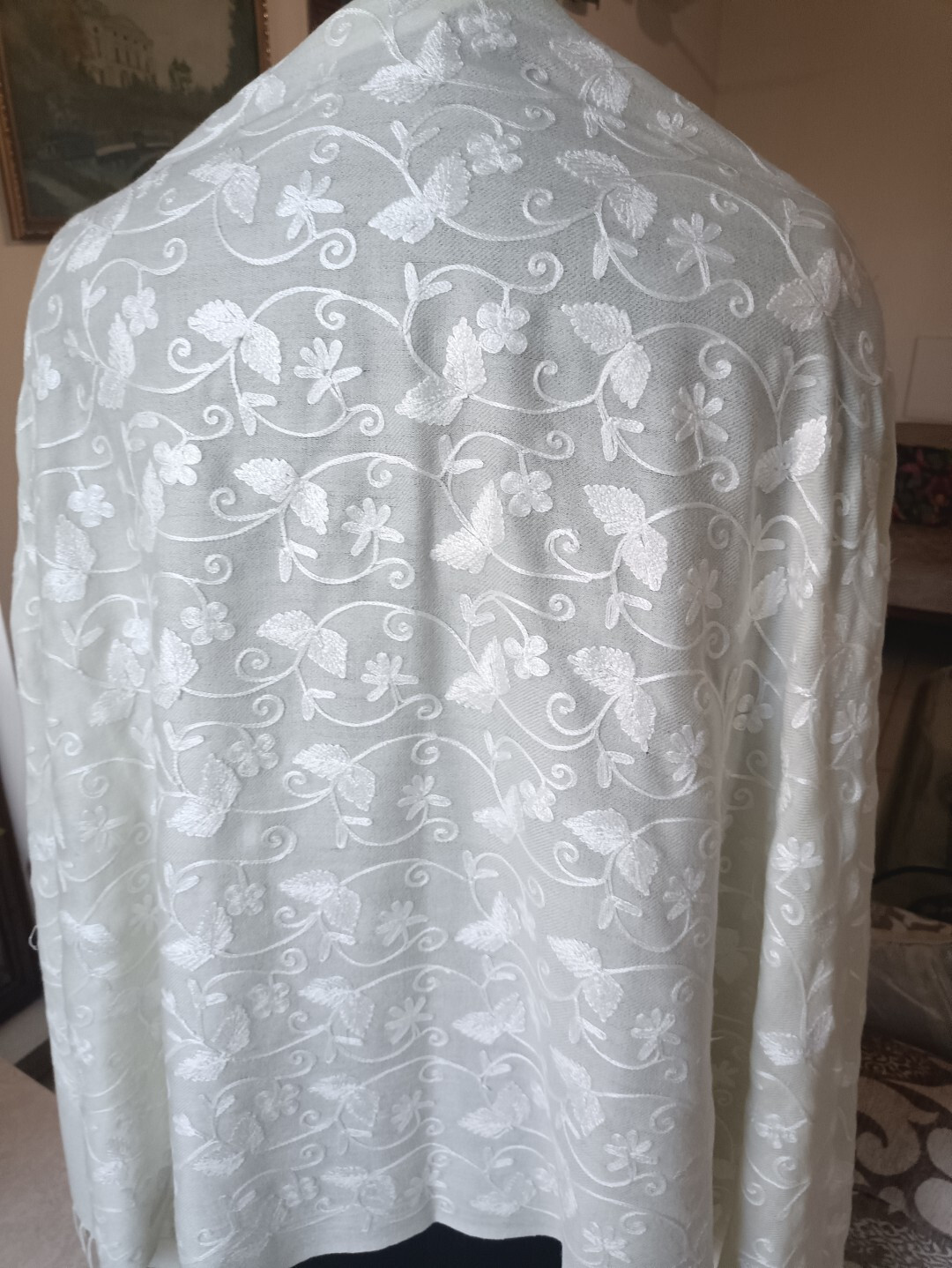OFF-WHITE WEDDING STOLE KASHMIR PASHMINA CREWEL EMBROIDERY 100% CASHMERE SHAWL