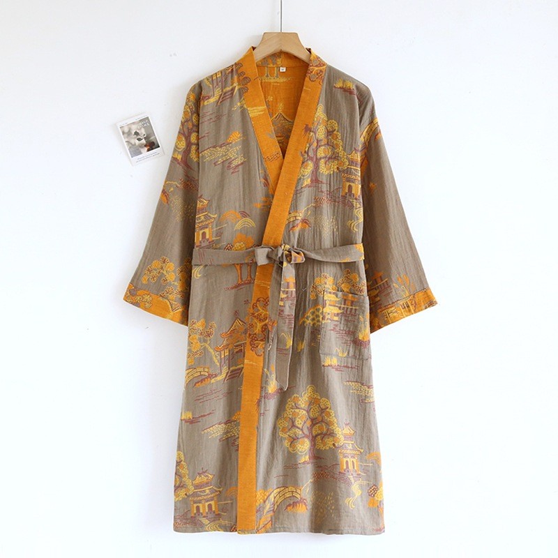 Men’s Printed Cotton Loose Sweat Steaming Robes Thin Summer Ethnic Retro Chic