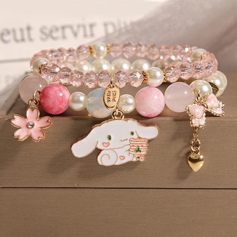 Cinnamoroll Crystal Beads Bracelet Set Cute Cartoon Elastic Adjustable, Pink