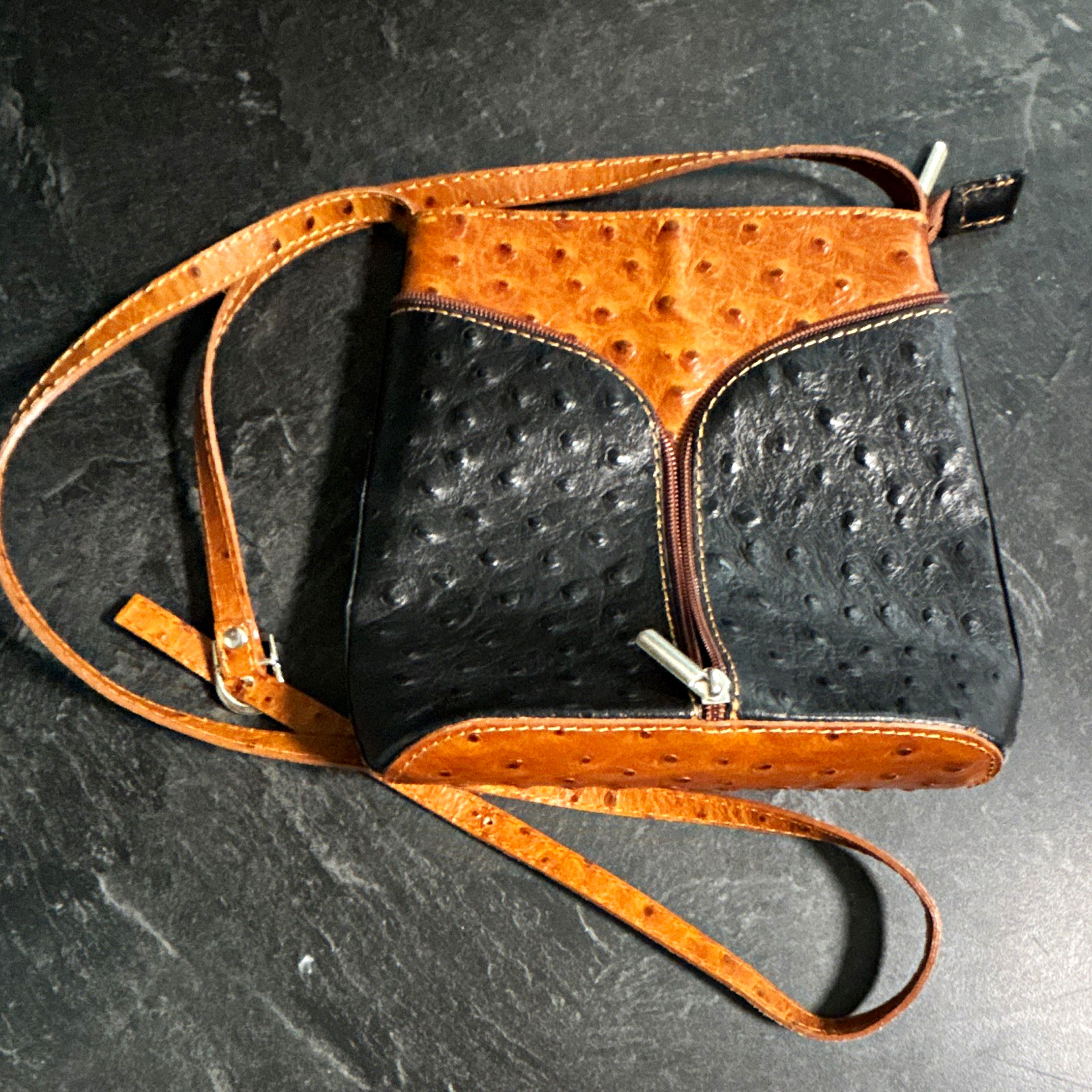 Black Brown Ostrich Crossbody Bag Zip Silver Hardware Inner Pockets
