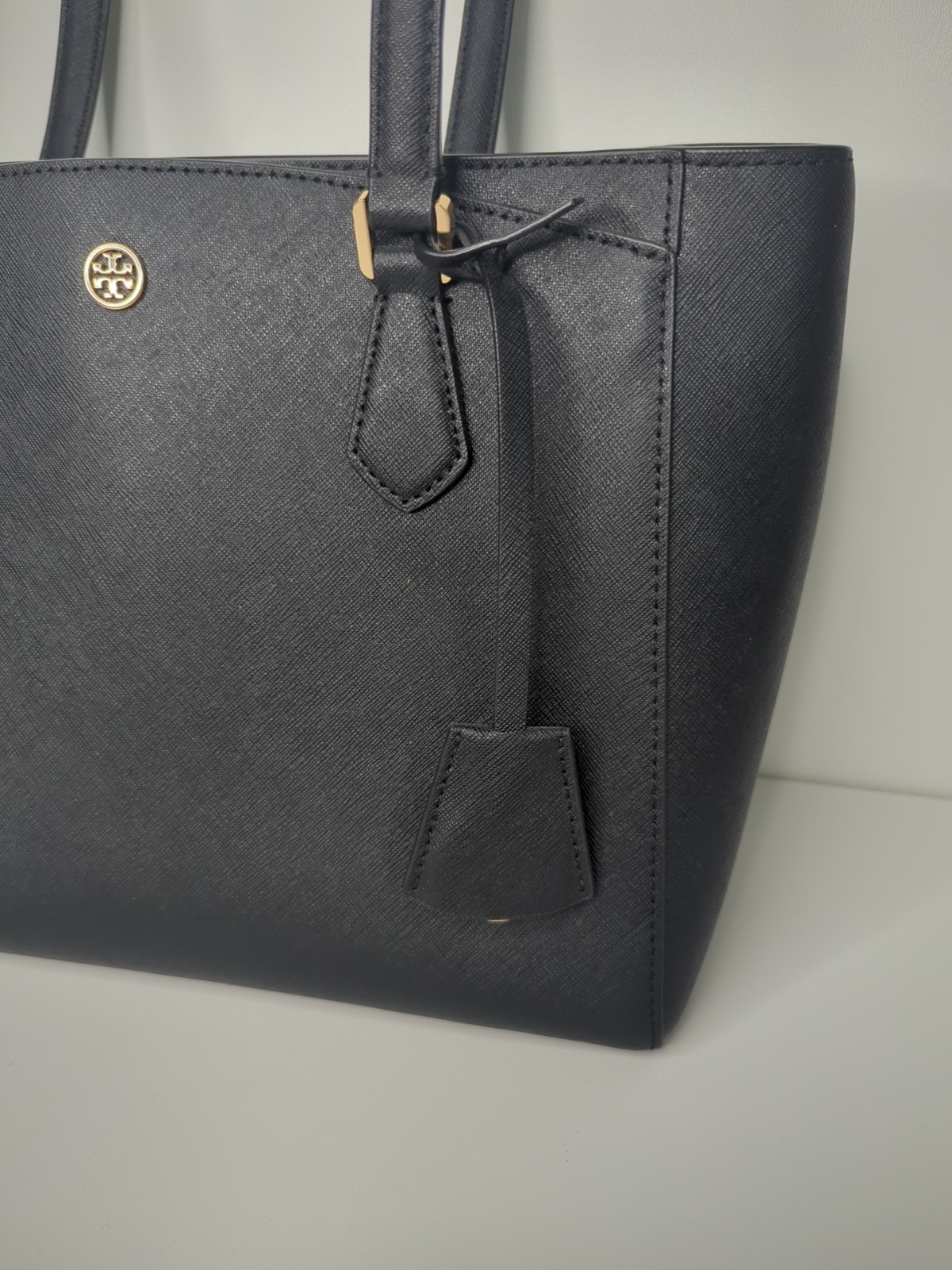 Tory Burch Robinson Small Saffiano Leather Black Tote Bag with Golden Accents