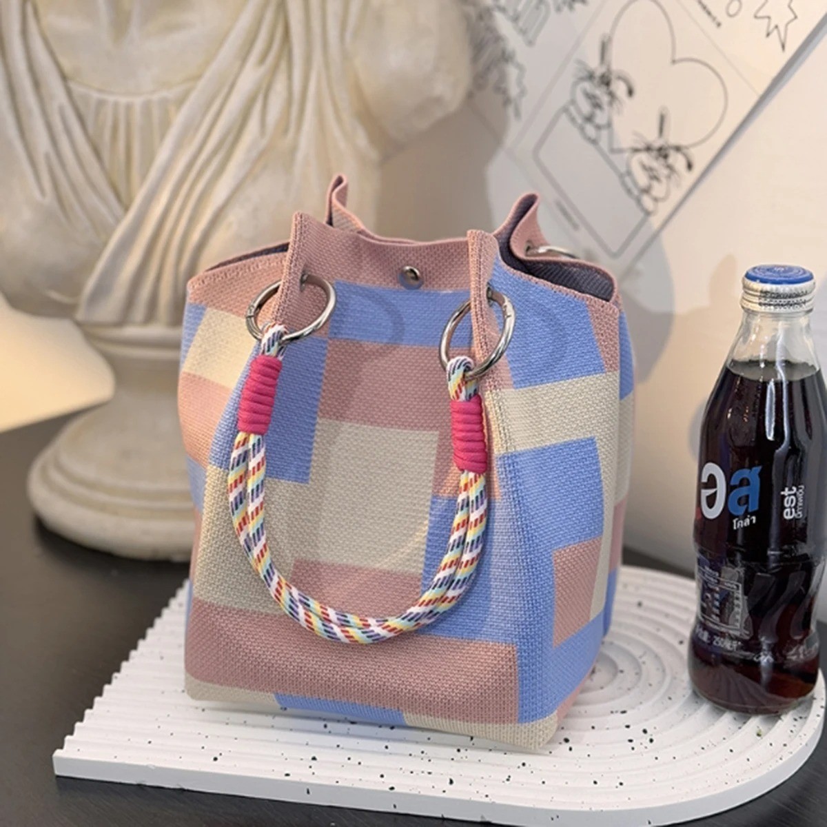 Multi-color Knitted Retro Bucket Handbag – Simple Color-block Versatile Bag