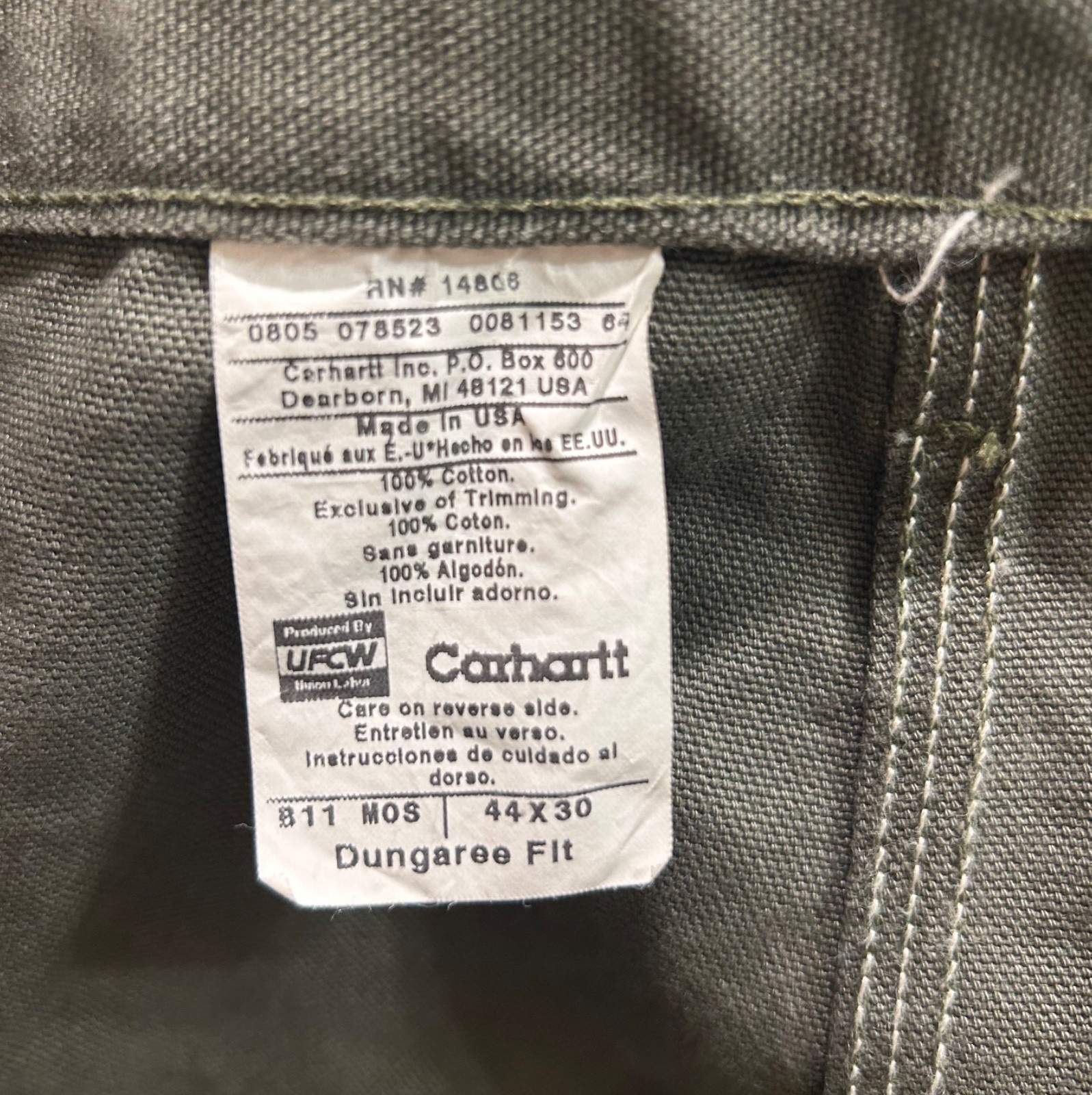 Carhartt Green B11 MOS Duck Canvas Dungaree Fit Pants Sz 44×30 USA UNION MADE