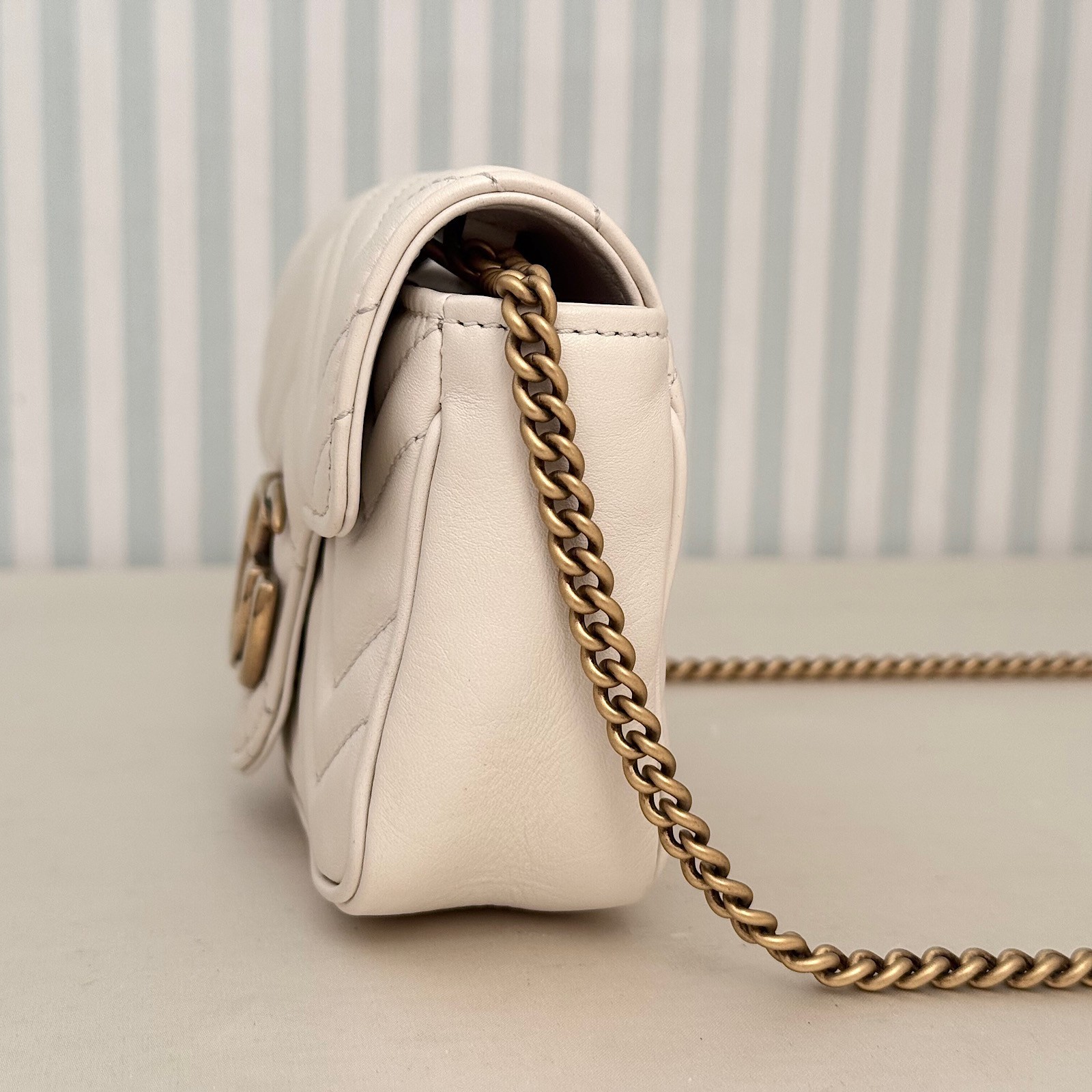 GUCCI GG Marmont 476433 Leather Chain Shoulder Bag White Crossbody with Dust Bag