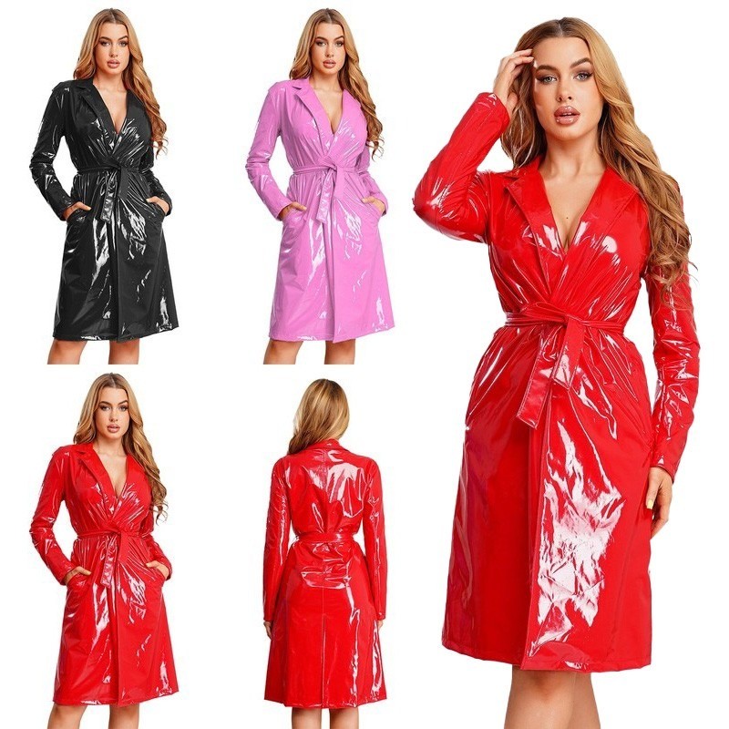 Women Wet Look Shiny Overcoat Costume Long Trench With Belt Coats Carnival Top