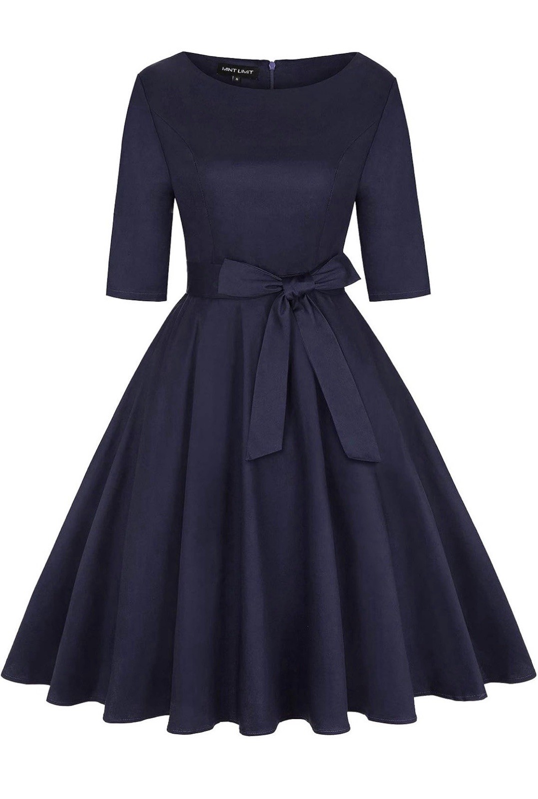 Rockabilly Navy Solid Scoop Neck A-Line Midi Dress XL 3/4 Sleeve Belted Bow Zip