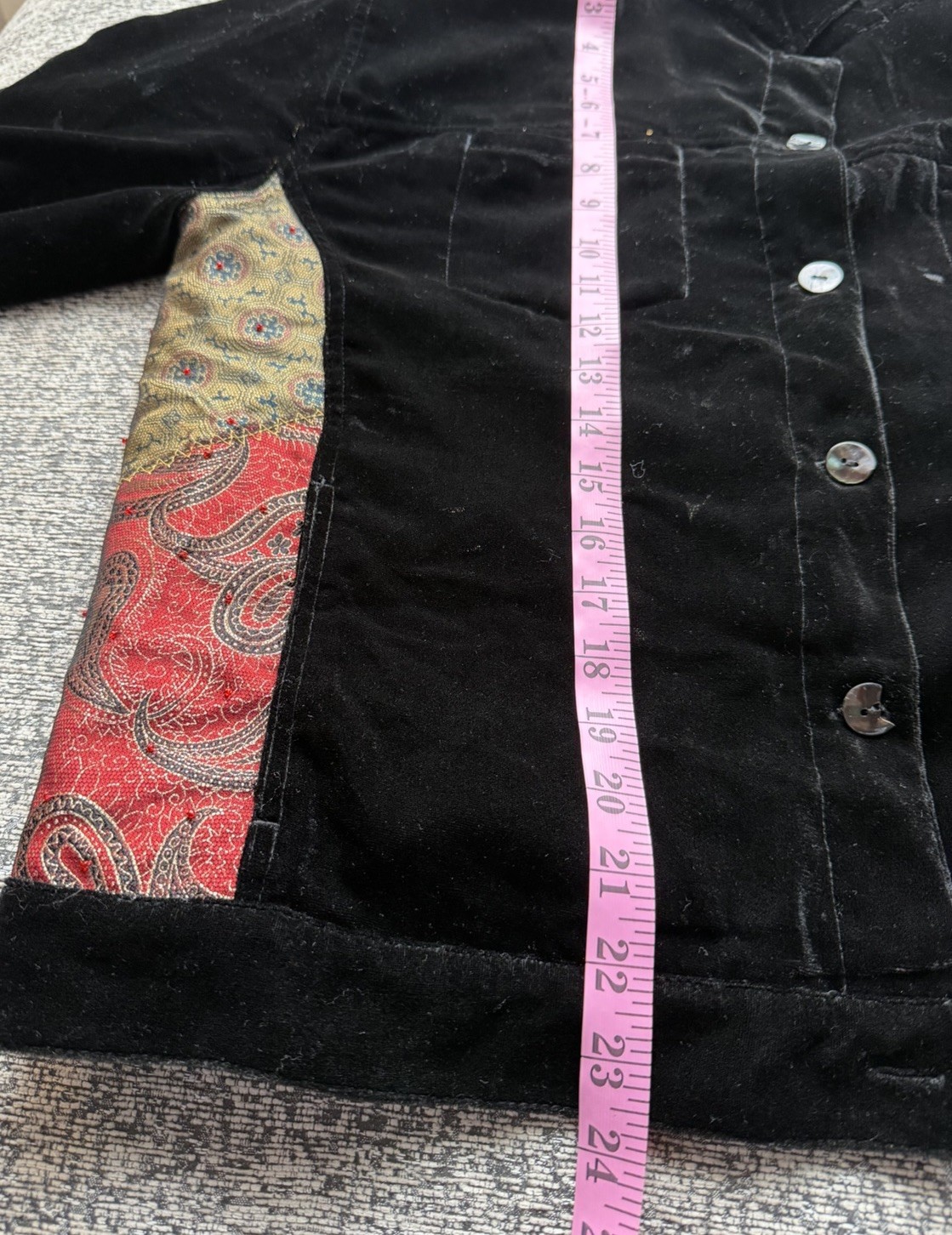 Chico’s Black Velvet Jacket Oriental Asian Tapestry Patchwork Motif Size 3