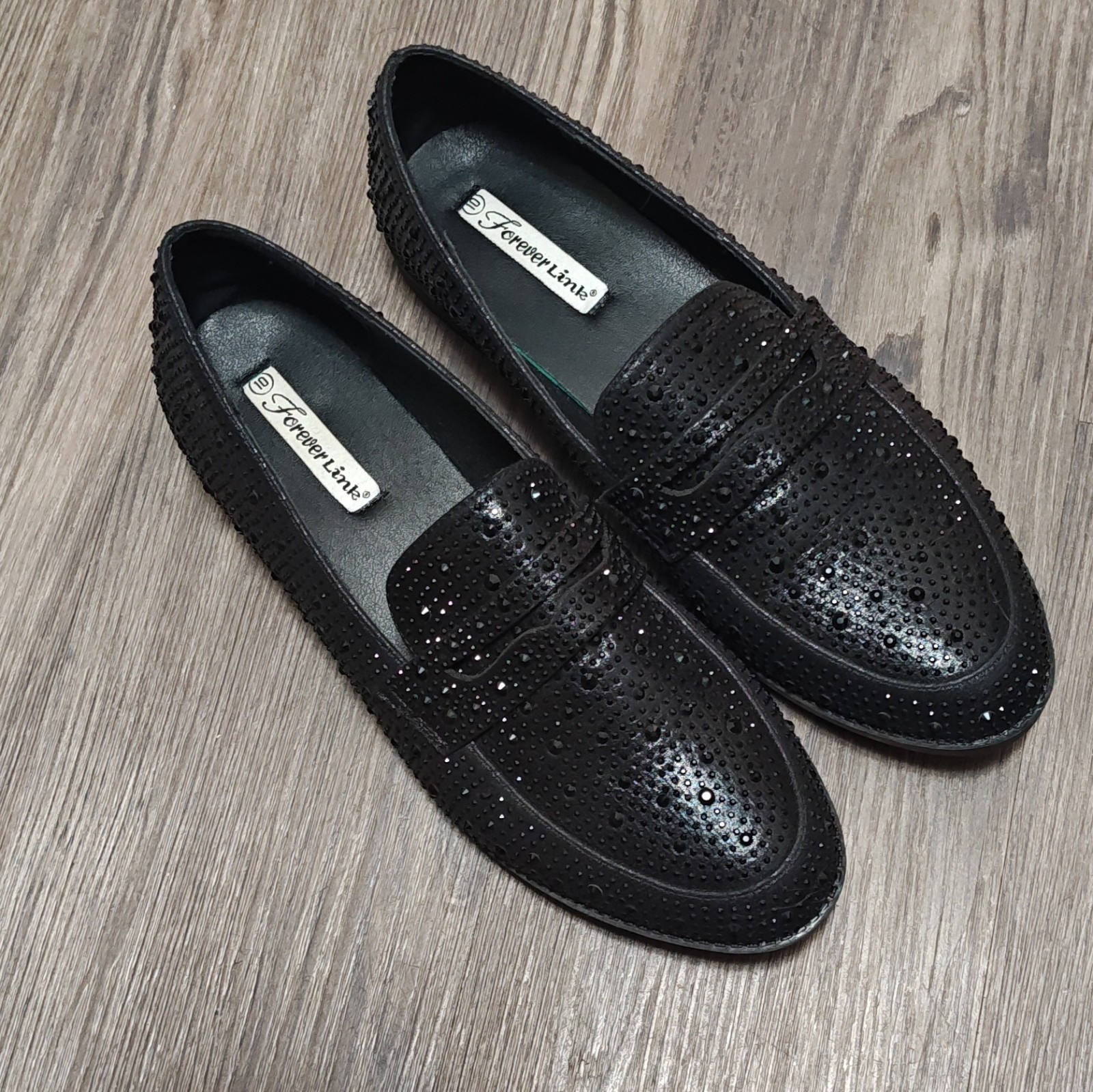 Forever Link Black Rhinestone Slip-On Dress Loafers Size 10 Almond Toe
