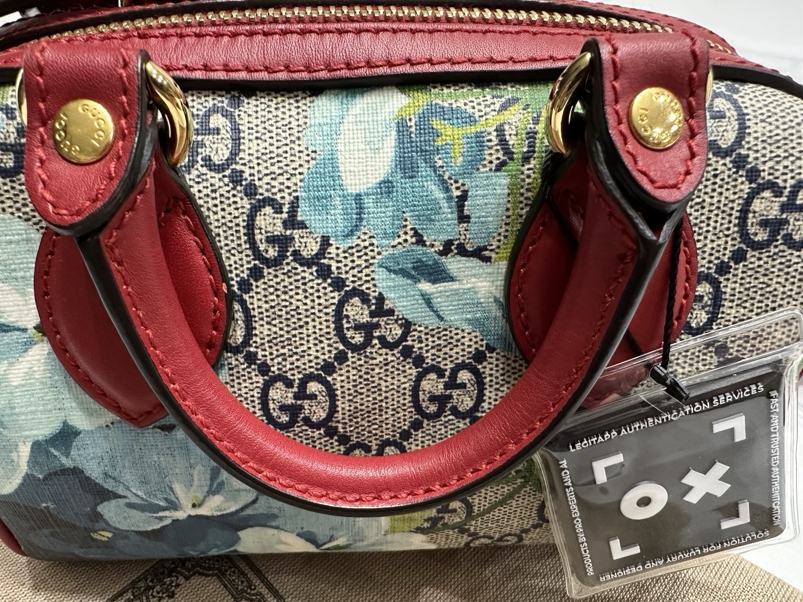 Authentic Gucci GG Supreme Monogram Blooms Mini Boston Bag Red Floral w/ Strap