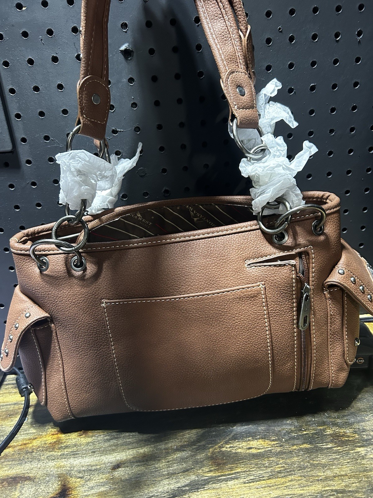 Montana West Brown Studded Pebbled Satchel Top Handle Zip Lined Pockets Strap