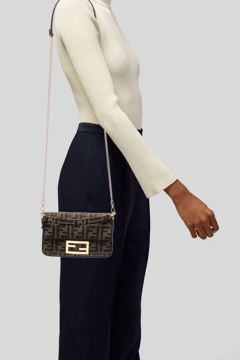 Fendi Zucca FF Monogram Brown/Black Small Shoulder Bag Chain Detachable Strap