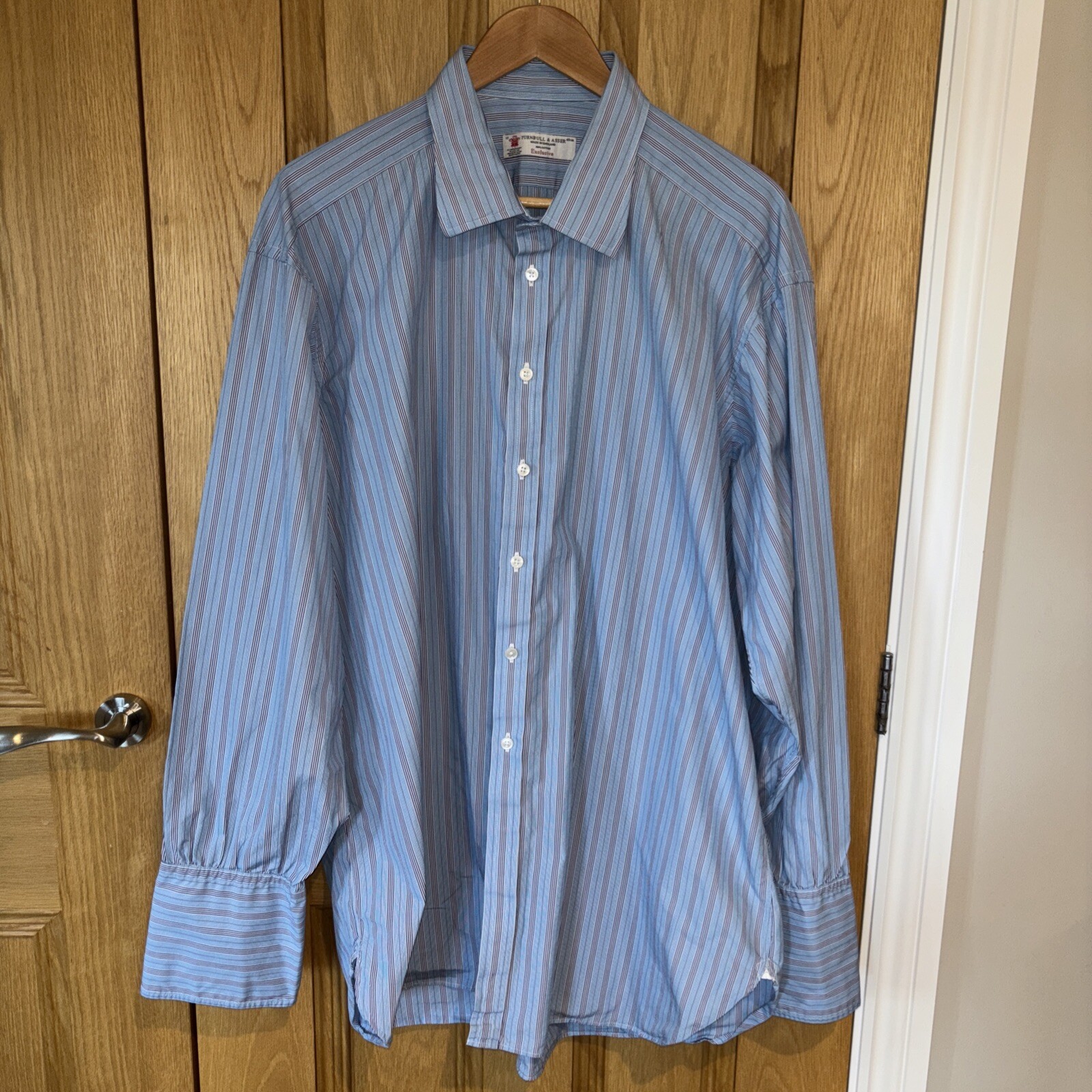Turnbull & Asser Shirt Classic Blue White Stripe Double Cuff Cotton 19” 48cm