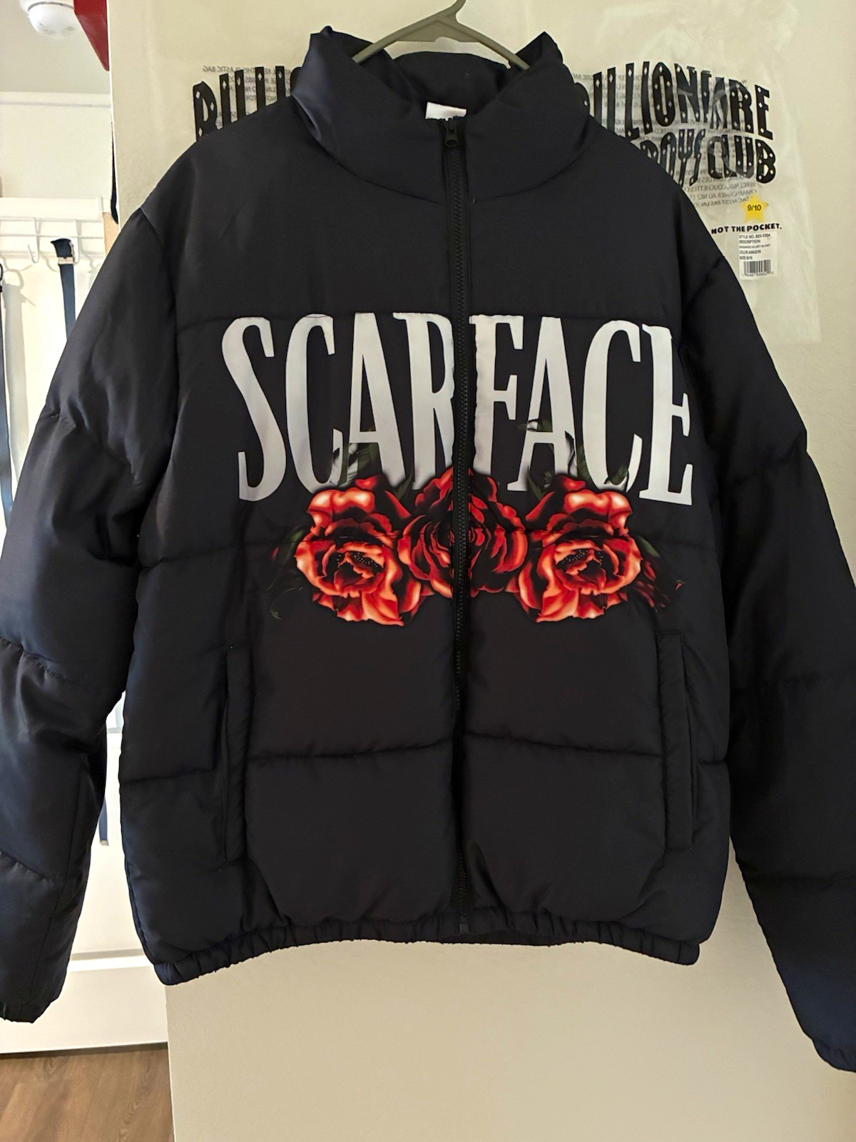 Scarface Men’s Black Puffer Jacket Full Zip Hooded Pockets Graphic Print M