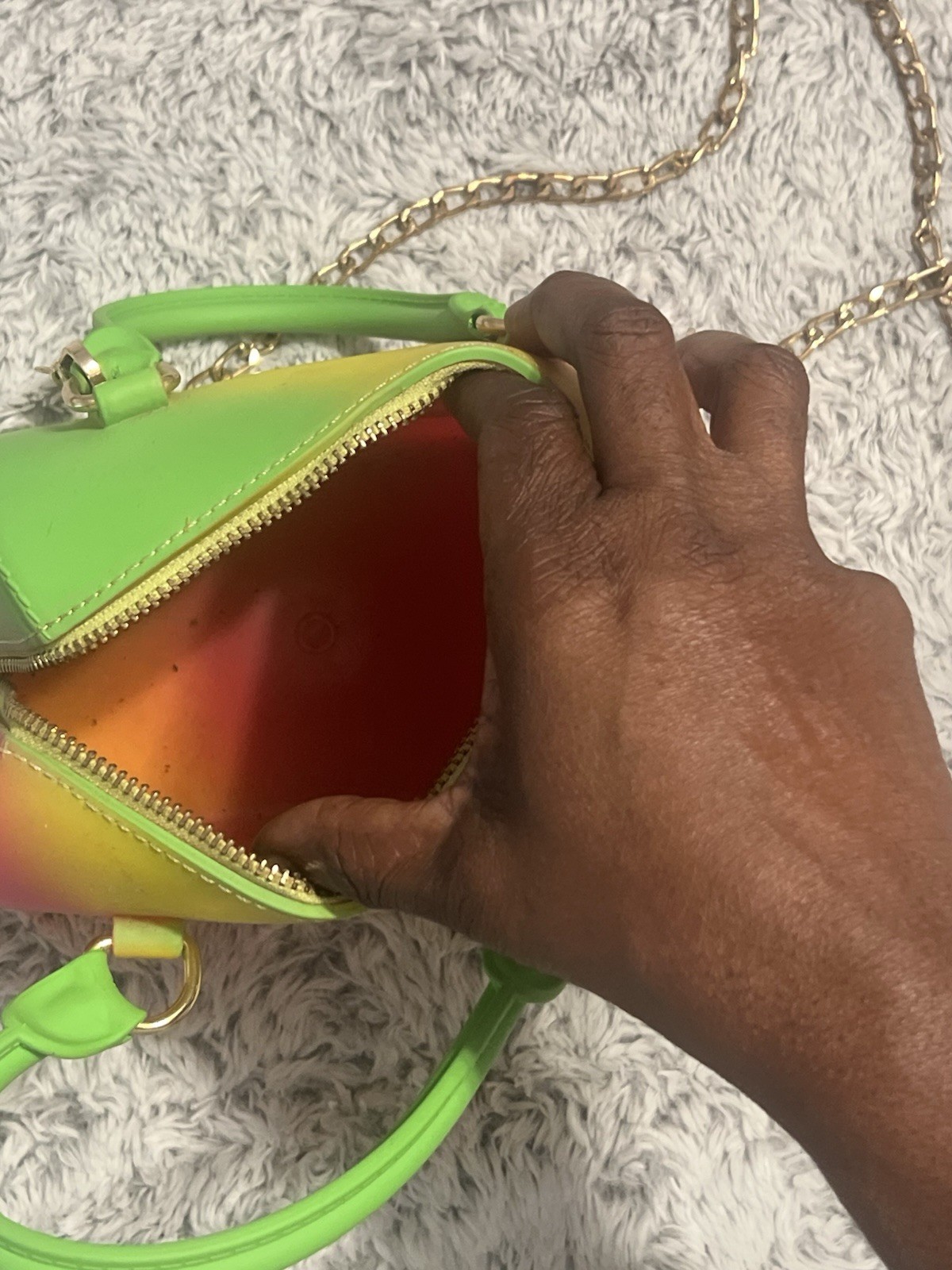 Rainbow Colorblock Small Satchel Top Handle Bag Zip Glitter Gold Chain Strap