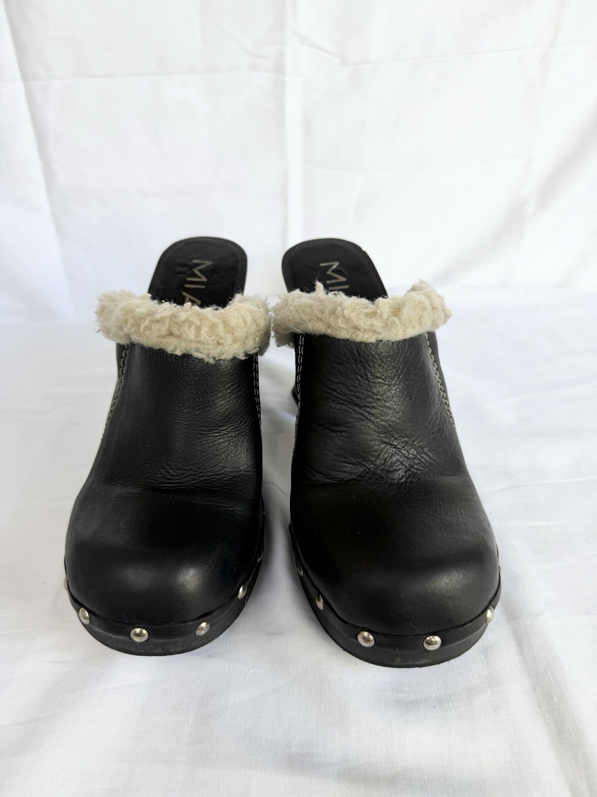 MIA Women’s Size 8M Black Leather Shearling Fur Lined Studded Heel Clogs Brazil