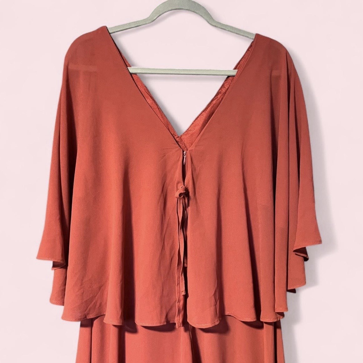 Rust Terracotta Maxi Dress Size M Lace V-Neck Belted Formal Wedding Guest Dres