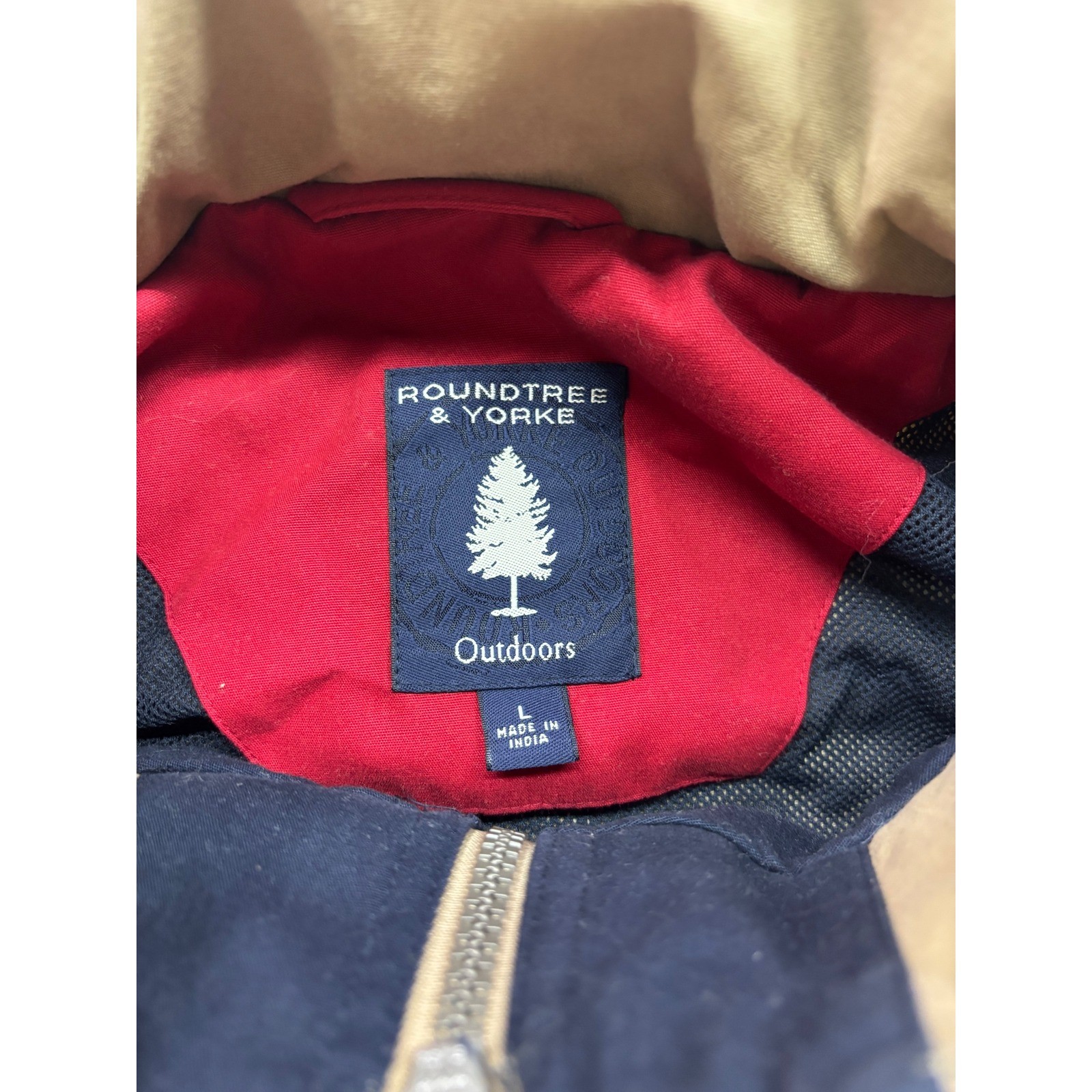 Roundtree & Yorke Outdoors Mens Large Khaki Tan Full Zip Jacket Stowaway Hood L