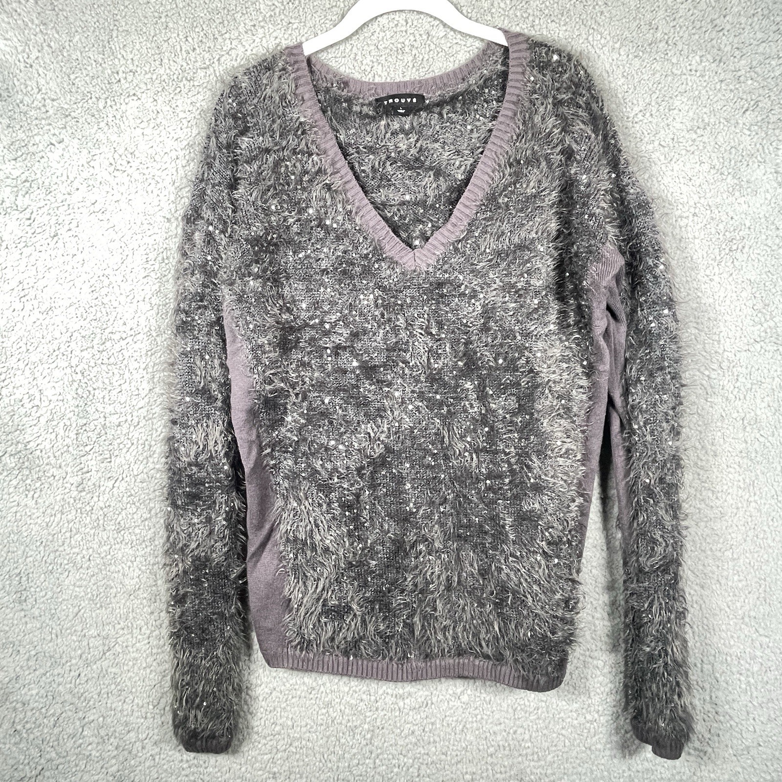 Trouvé Eyelash Fuzzy Sequin V-Neck Sweater Size L Gray Nordstrom