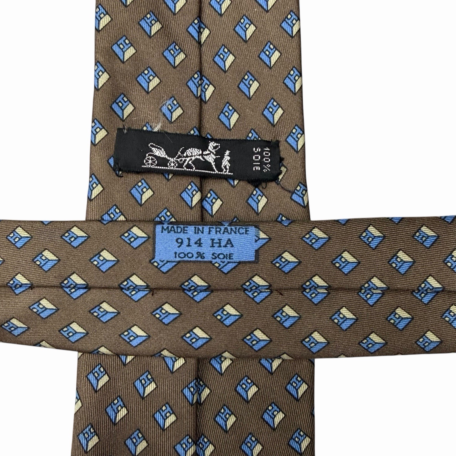 Hermes Men’s Vtg Tie Geometric “H” Logo Brown/Blue Silk 914 HA 3.25″ x 56.5″ euc