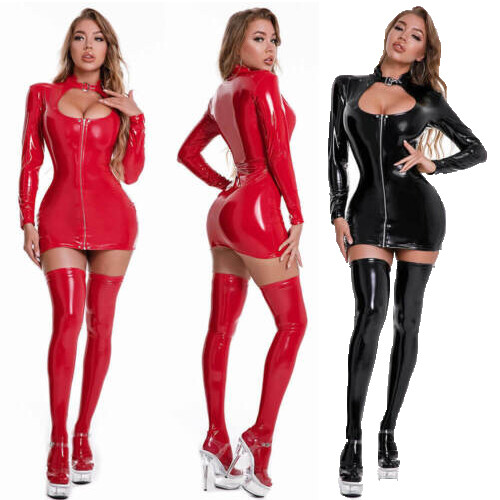 Sexy Womens PU Leather Zipper Bodycon Mini Dress Wet Look Shiny Clubwear Party