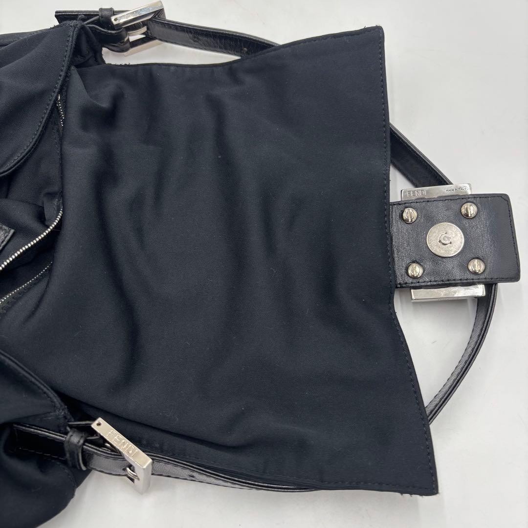 FENDI Mamma Baguette 26325 Shoulder Bag Black Leather Cotton Jersey