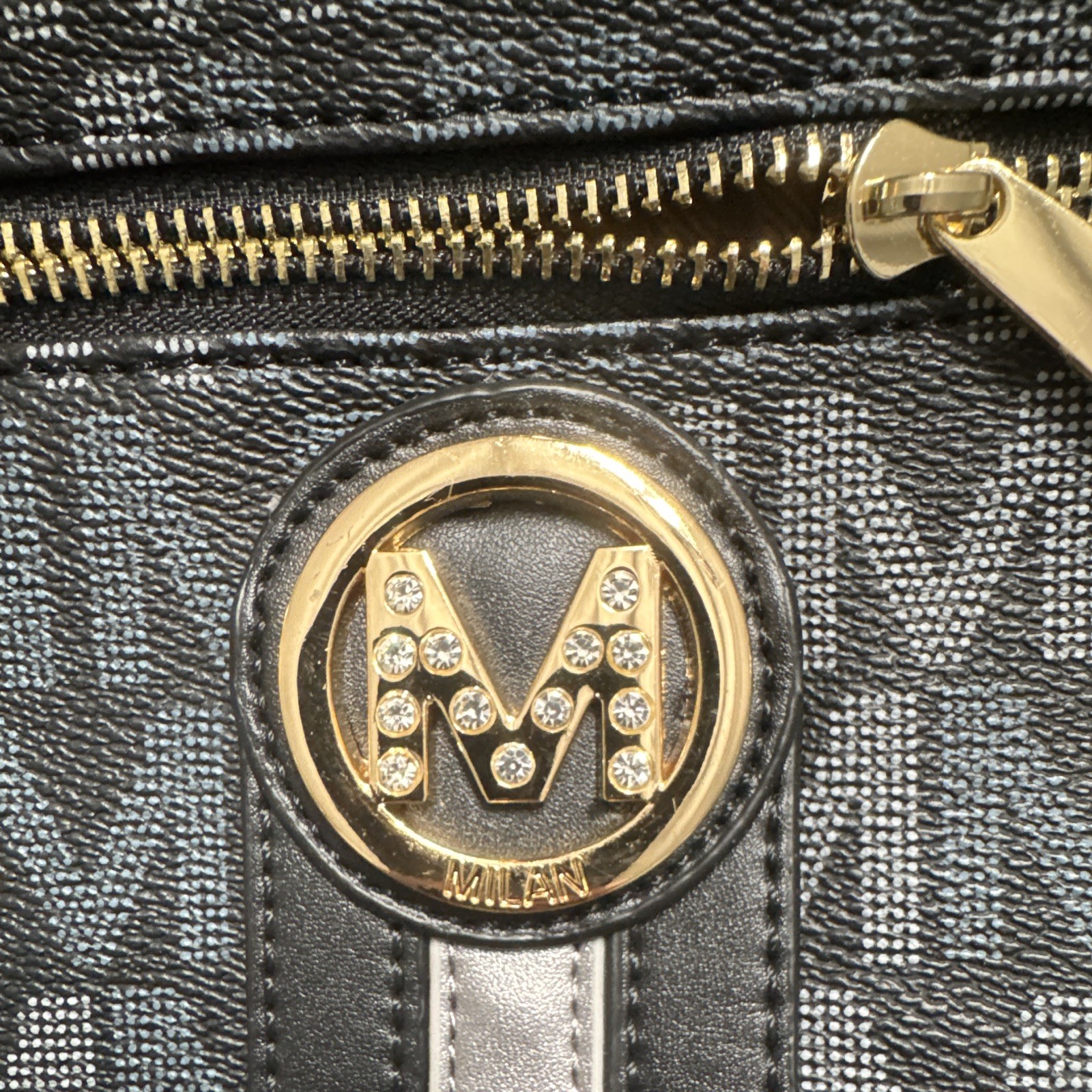 Milan MFK Collection Black/Blue Zip Crossbody Bag, Gold Hardware, Small