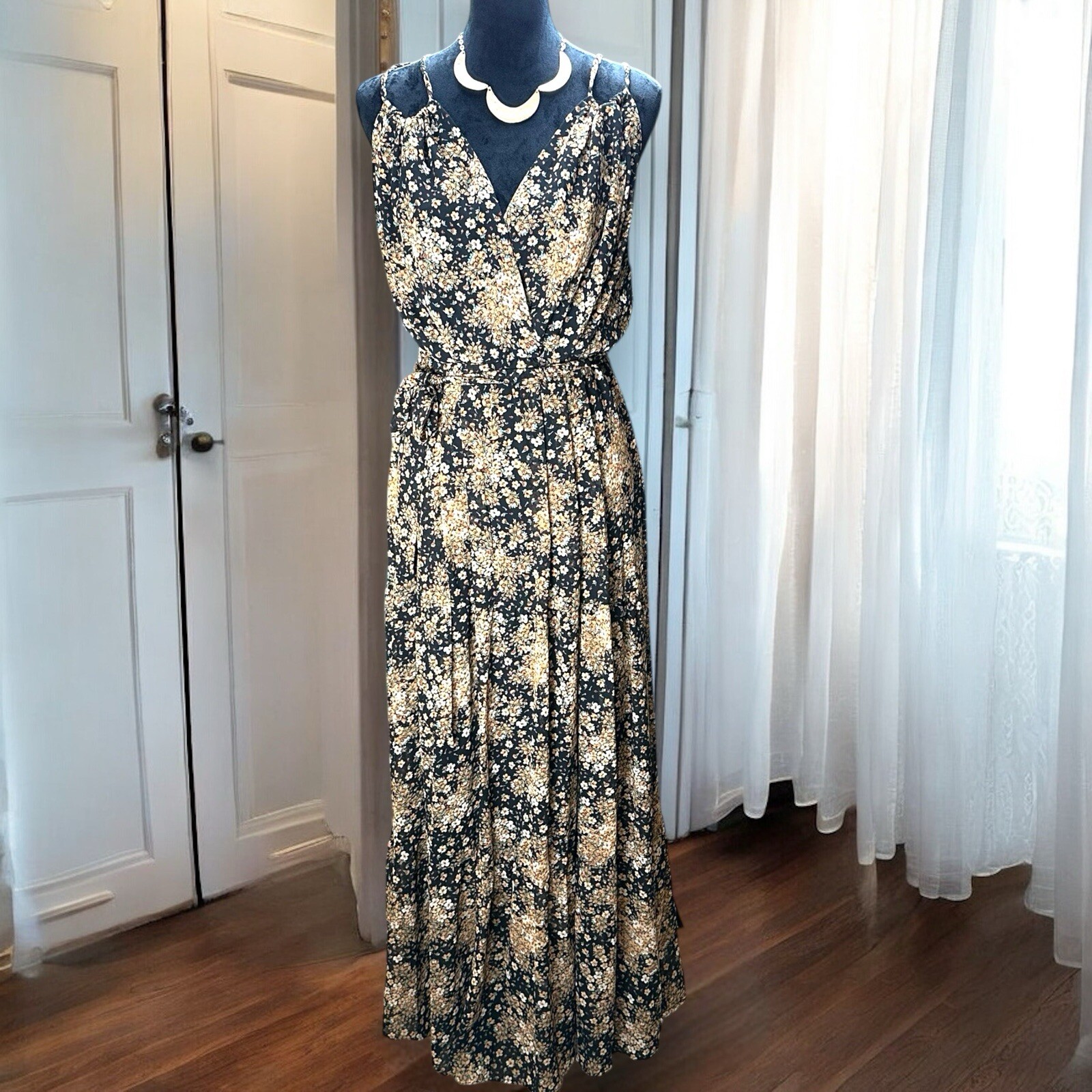 Rebecca B. Floral Maxi Dress Women’s Size 10 Black Tan Boho Sleeveless Wrap