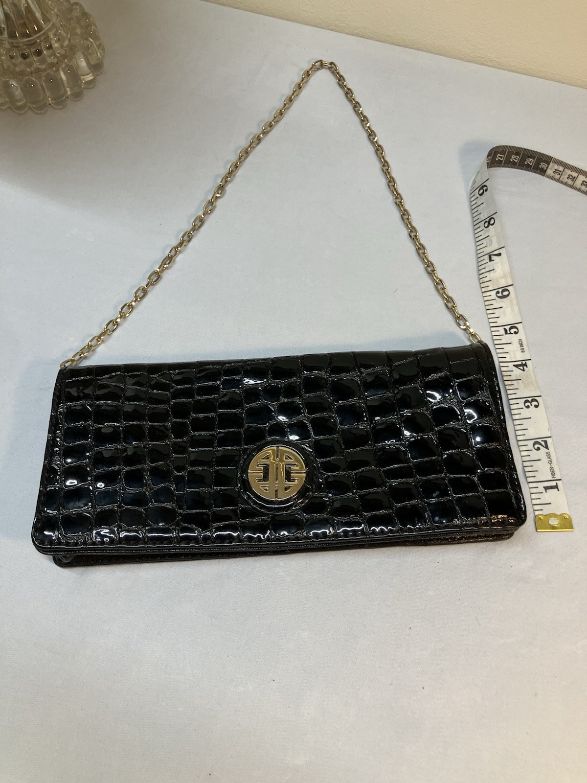 Y2K Antonio Melani Black Patent Leather Clutch bag Crocodile Embossed Gold Chain