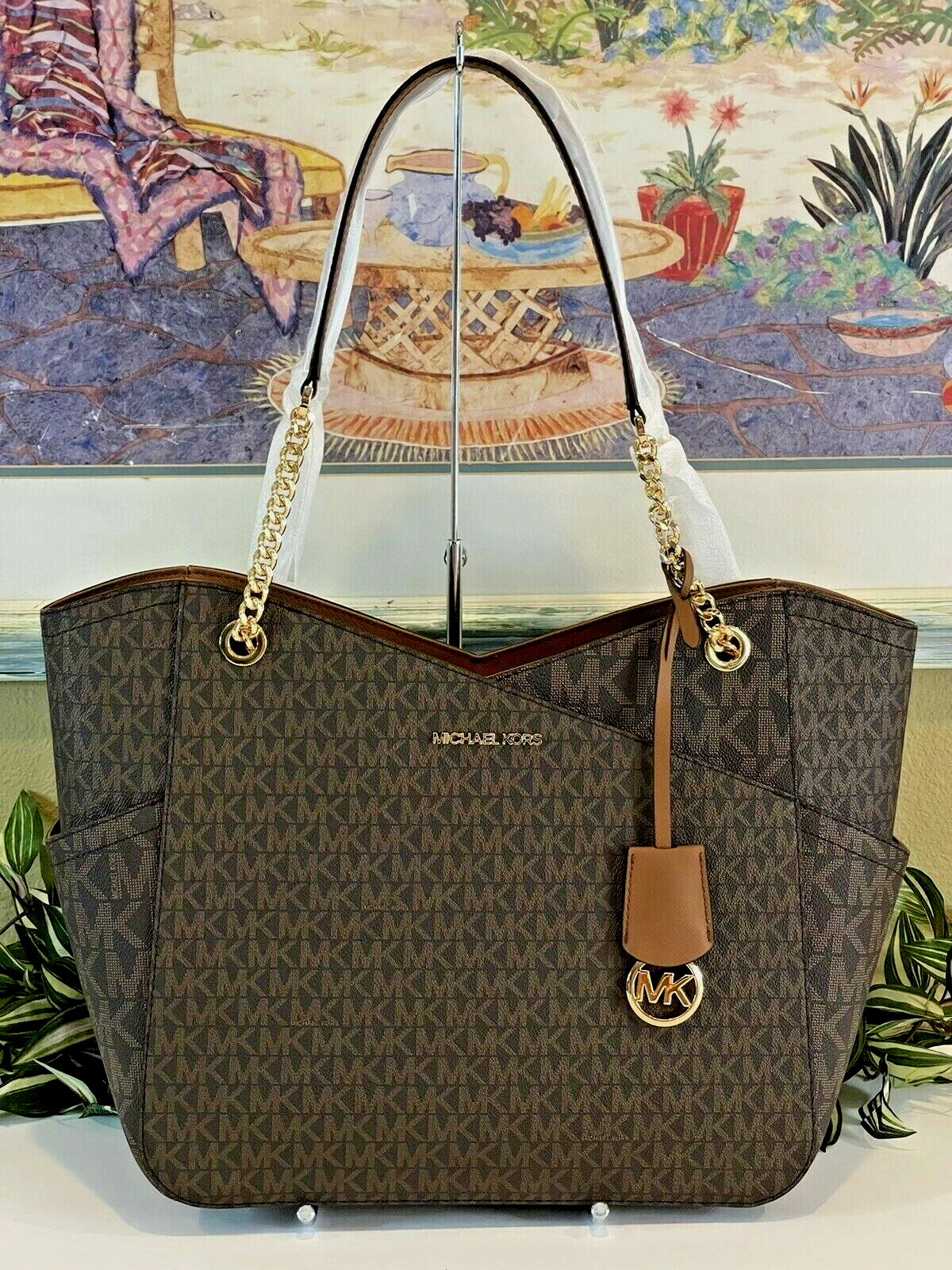 MICHAEL KORS JET TRAVEL CHAIN LARGE XL SHOULDER BAG TOTE MK BROWN SIGNATURE LOGO