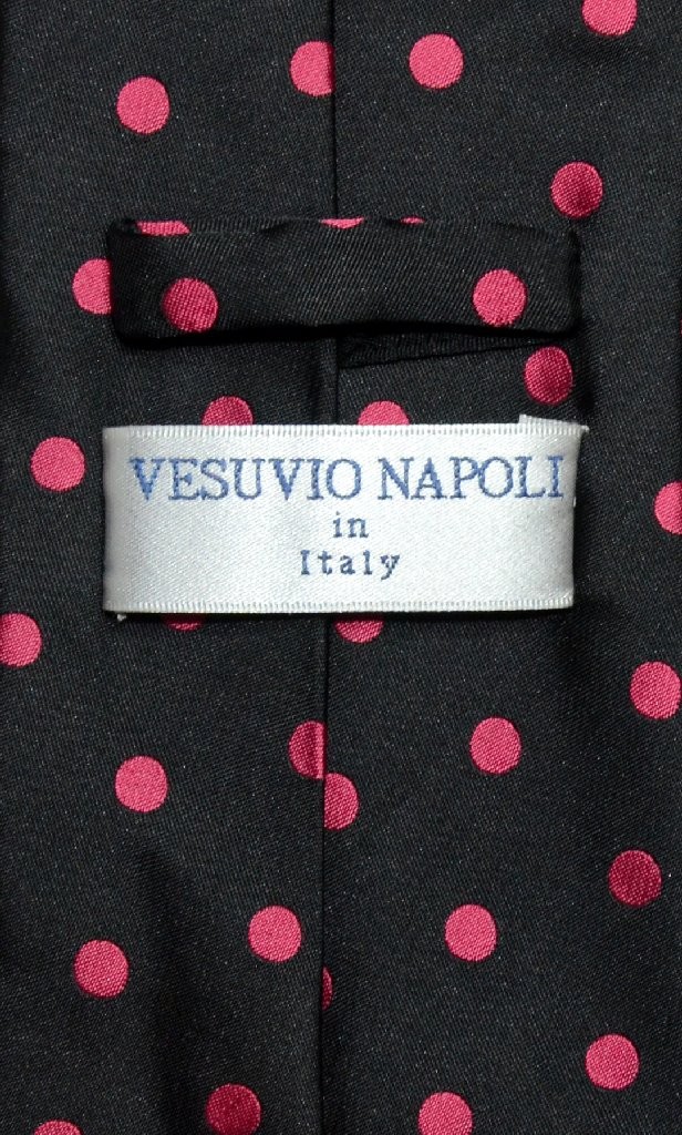 Vesuvio Napoli BLACK with HOT PINK FUCHSIA Polka Dots NeckTie Handkerchief Tie