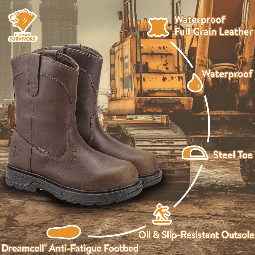 Herman Survivors Men’s Plower Waterproof Pull-On Steel Toe Work Boots: 11-13