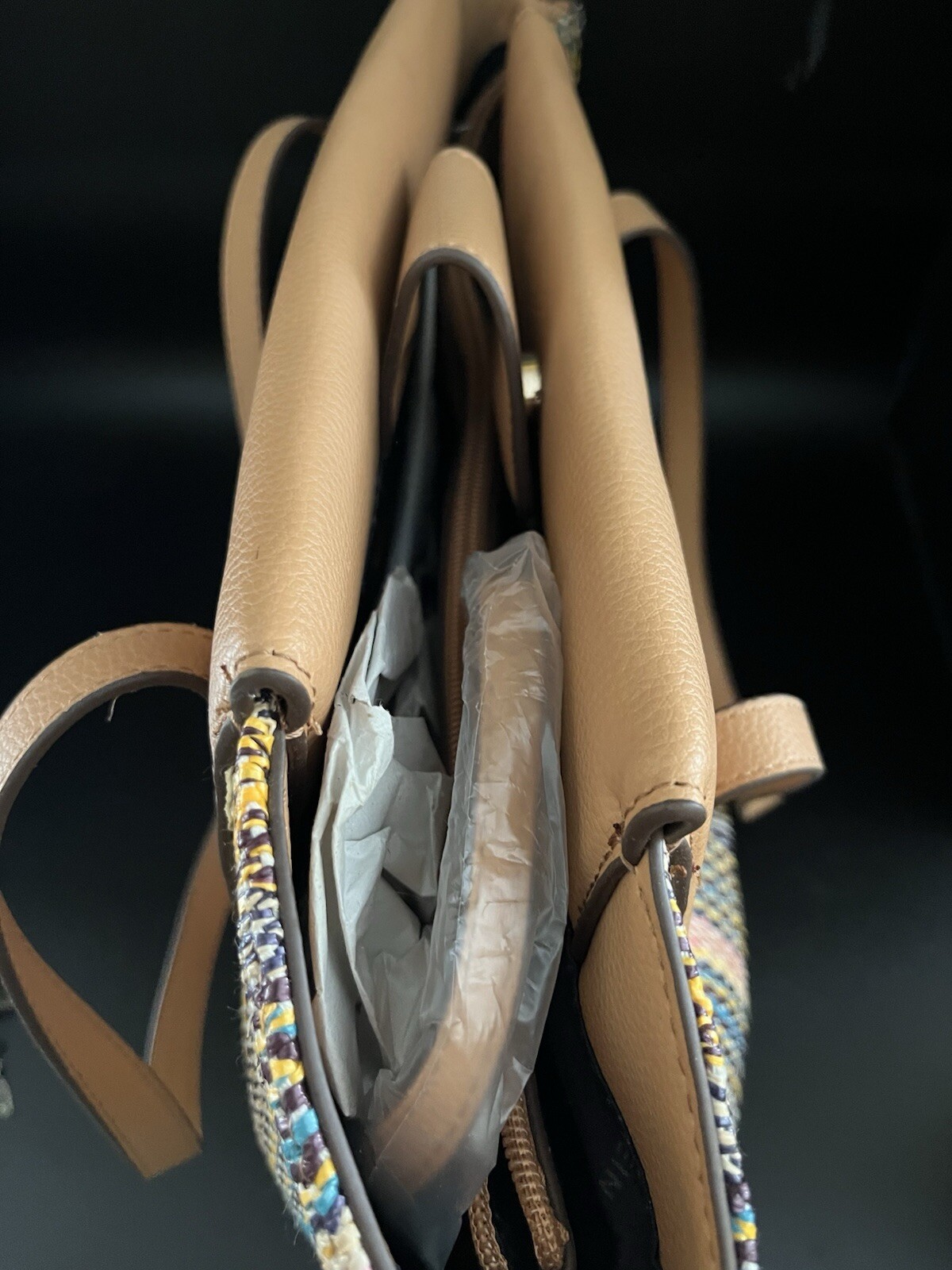 NEW Anne Klein Large Woven Multicolor Camel Curved Tote with Pouch 12.5 x 16 in.