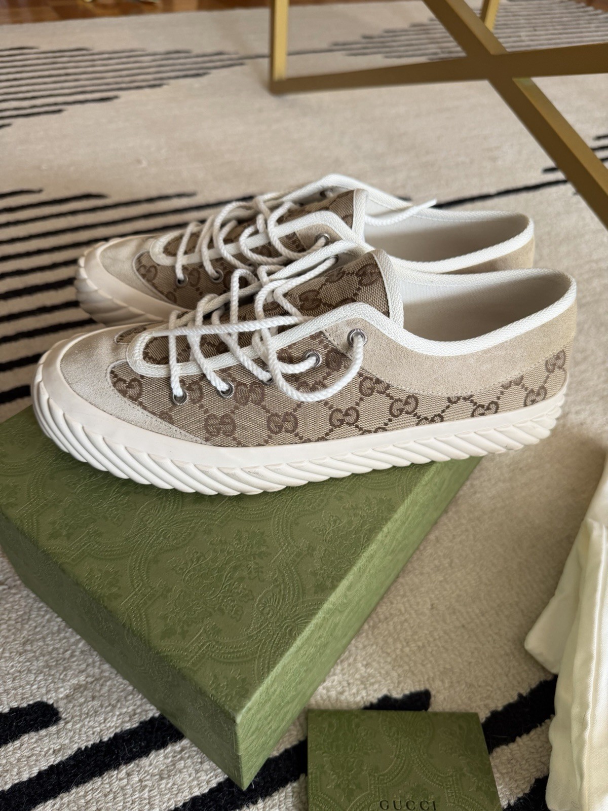 Gucci Tortuga GG Men’s Camel Beige Ebony Canvas Sneakers EU 9 US11.5 FABQA 9796