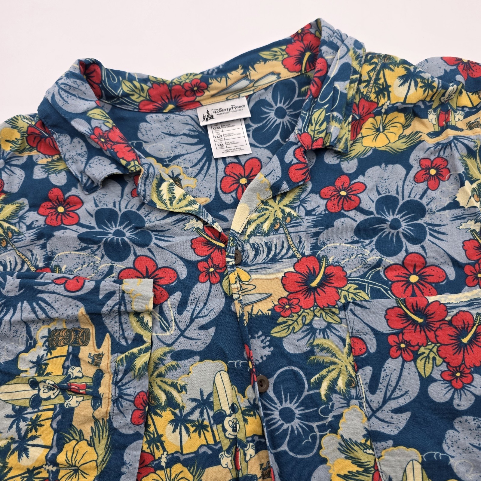 Disney Parks Mickey Aloha Shirt Mens 3XL Blue Hawaiian Rayon Button Front Camp