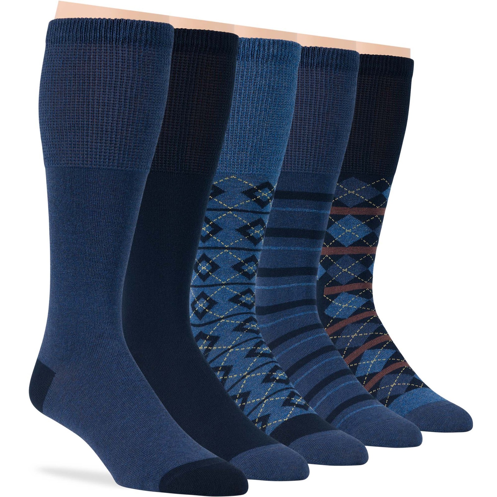 Men Diabetic Cotton Mid-Calf Socks 5 Pack Large Argyle Stripe Dark Navy Denim