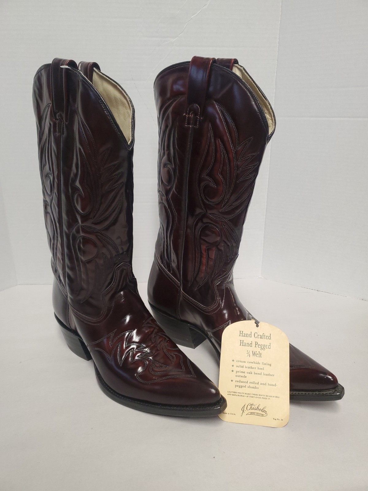 Gorgeous J. Chisholm Western Cherry Brown Red Leather Cowboy Mens Boot 10B VNTG