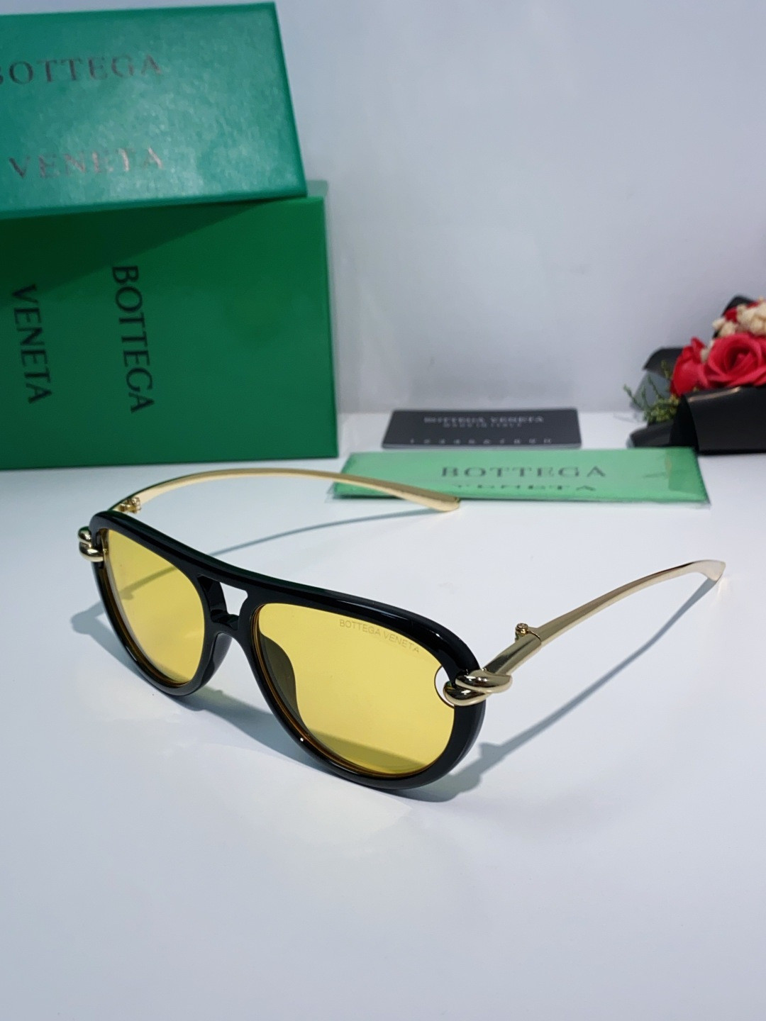 Bottega Veneta BV1418S Sunglasses Black Frame Yellow Lenses 58-15-145