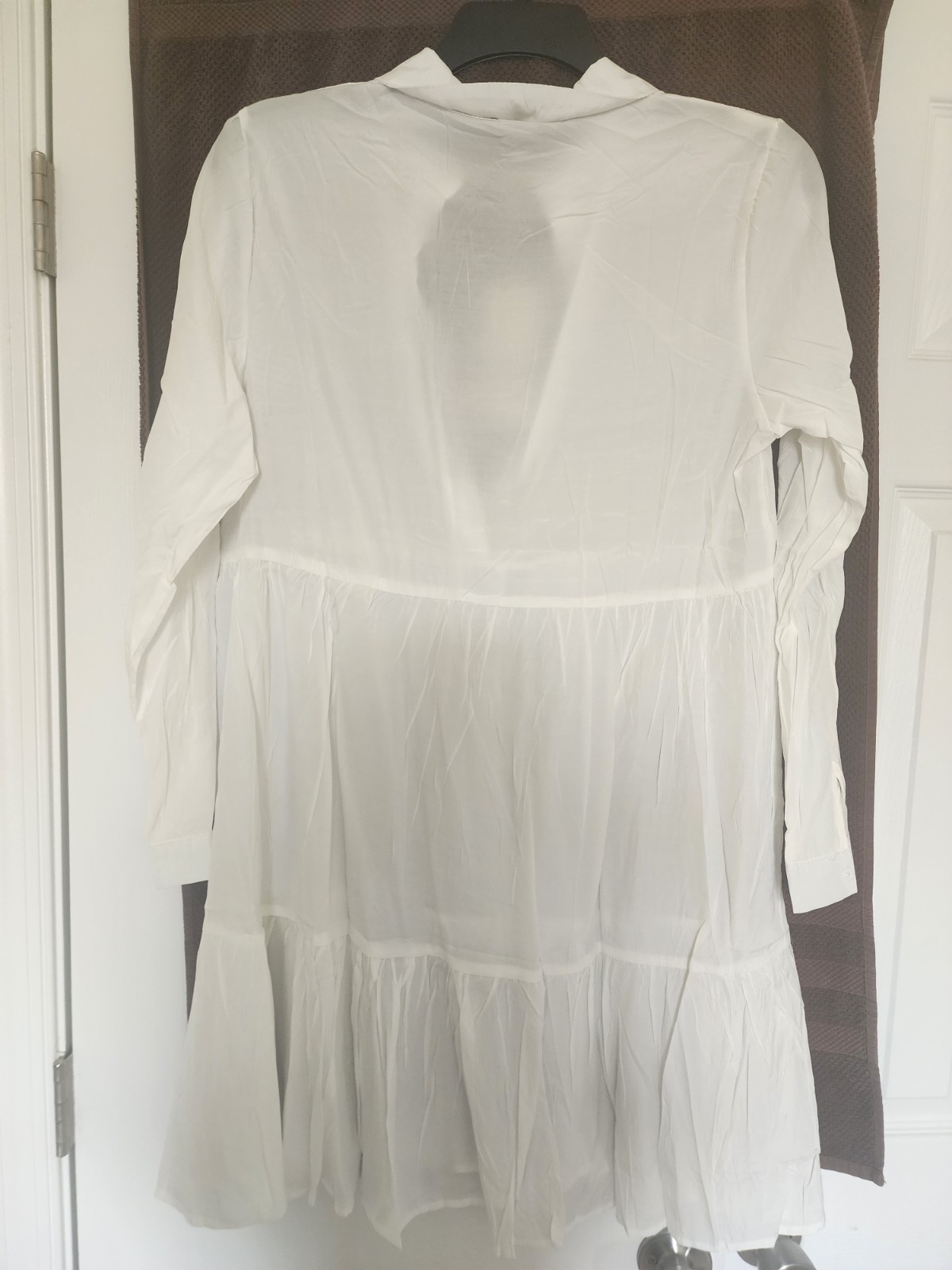 Iulia White Solid Shirt Dress-Collared Button Front Long Sleeve Short Size M