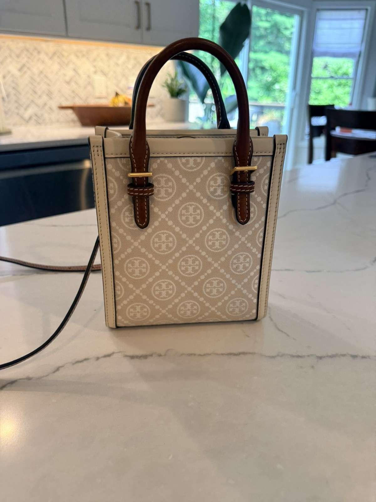 Authentic Tory Burch T Monogram Ivory Mini N/S Tote Crossbody Purse Bag 150217