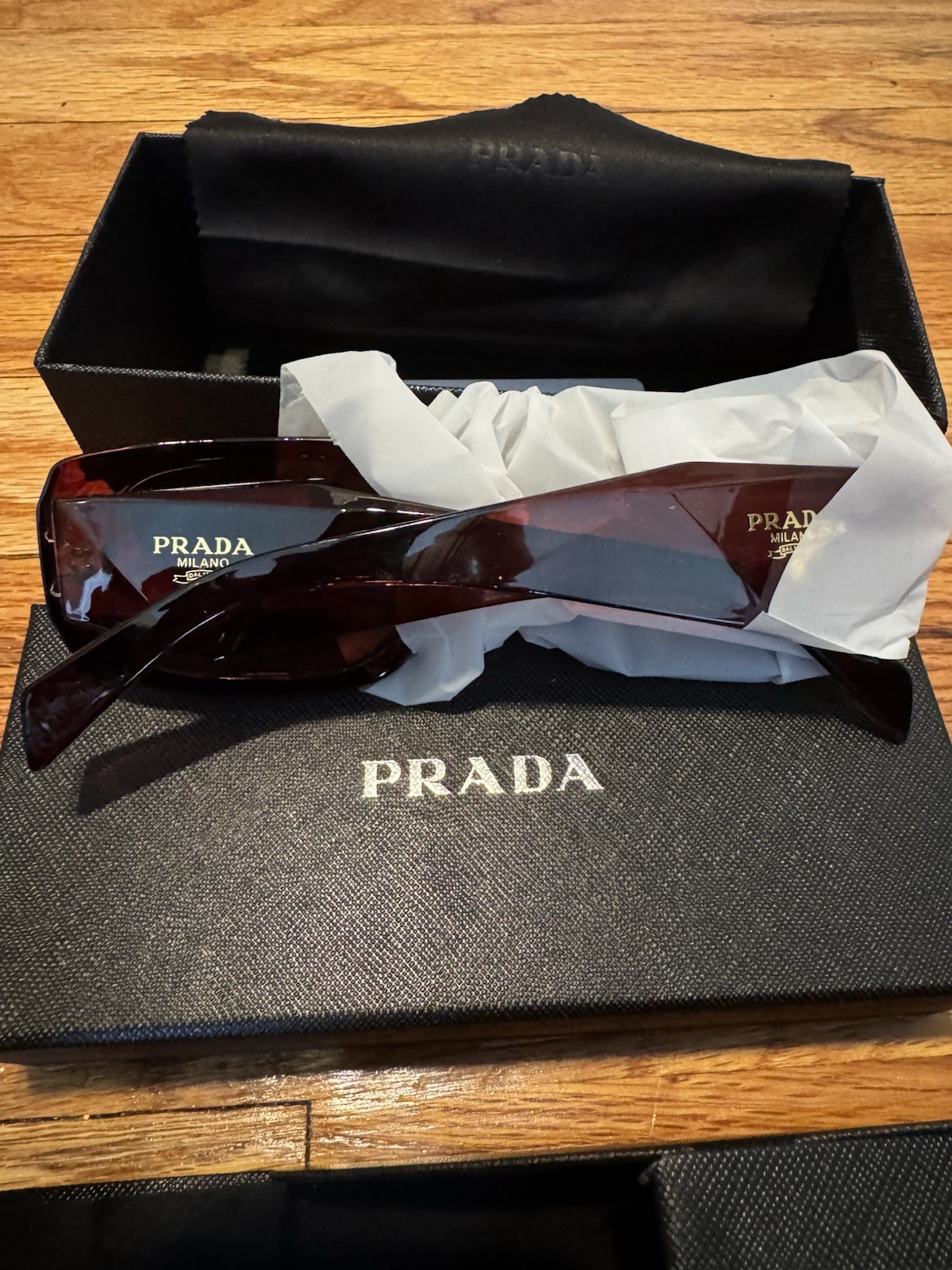 Prada PR 17WS Rectangle Sunglasses Dark Red Frame Brown Lens Authentic Unisex