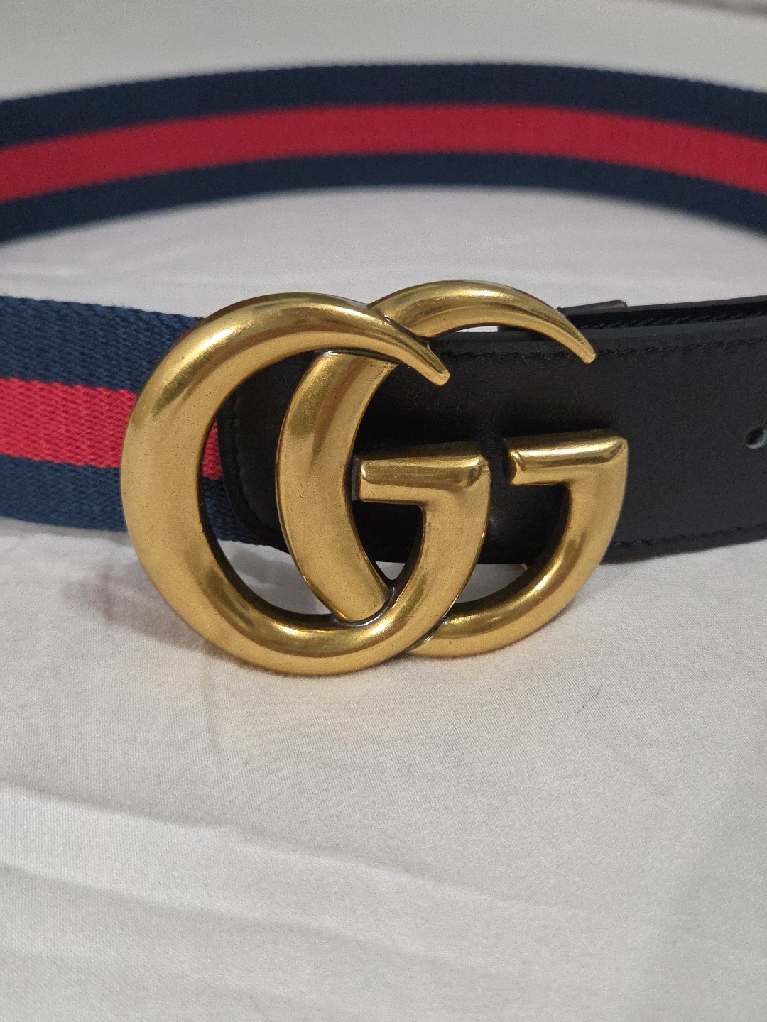 Gucci GG Brass Buckle Striped Navy Red Dress Belt Men’s 36-38 IT 105CM