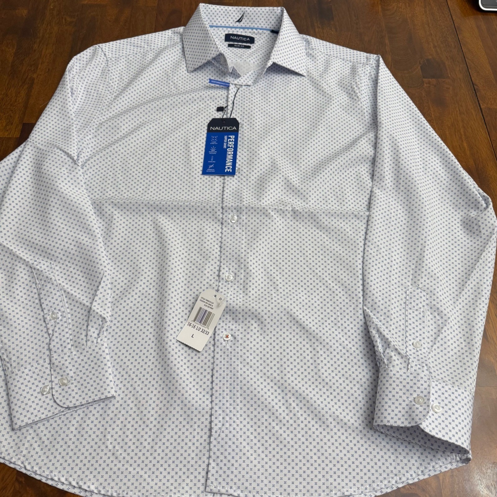 Nautica Mens Slim Fit Performance Dress Shirt Blue Geo Print Long Sleeve Size L