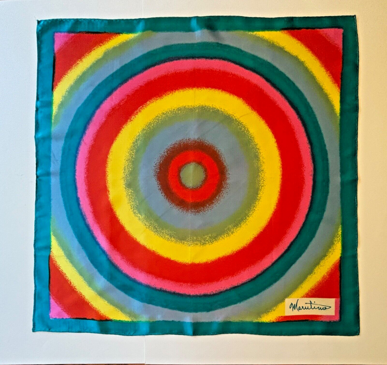 Colorful Designer Scarf 25.5″ Square Bold Abstract Art Circles Signed Marutino?